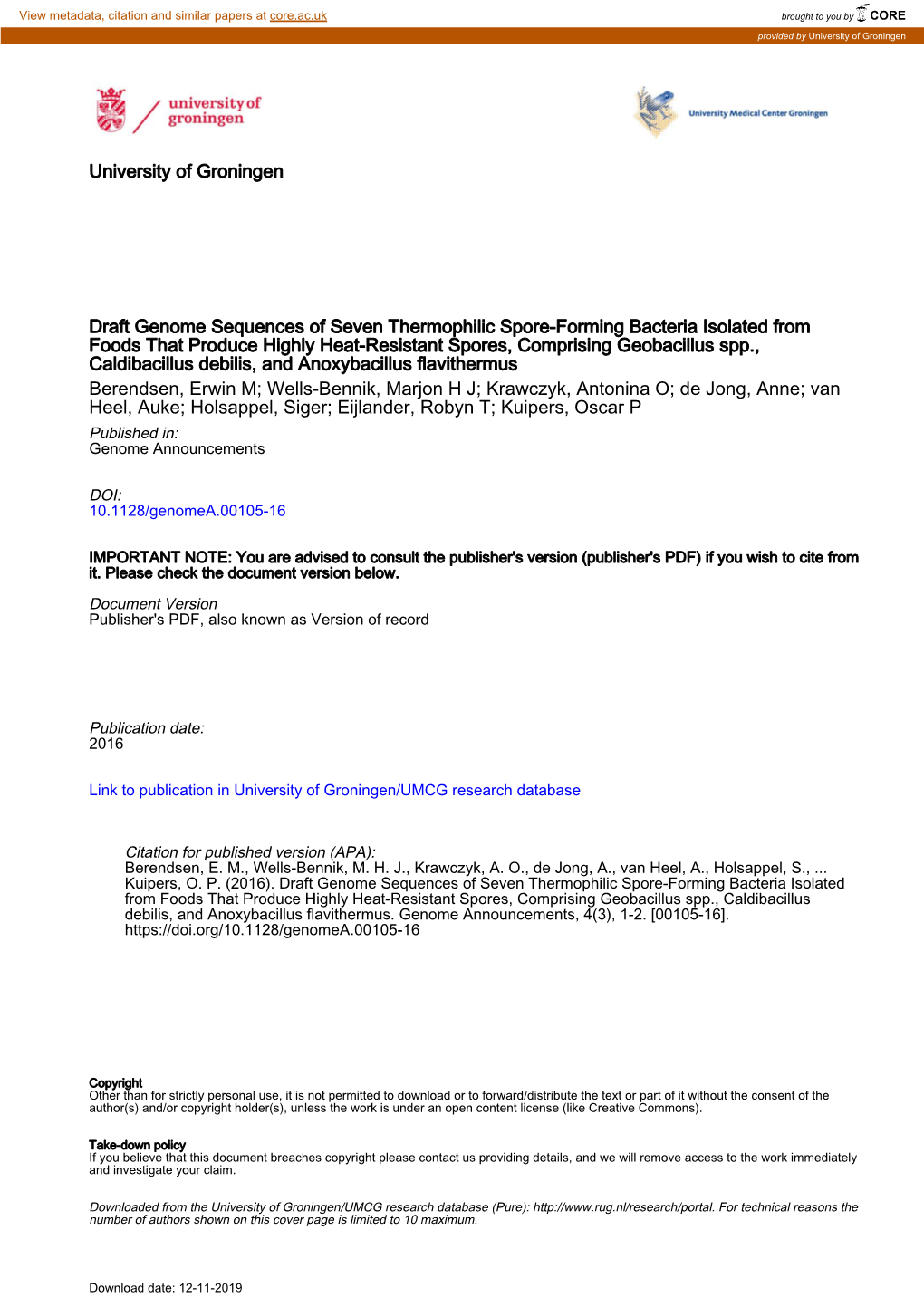 Draft Genome Sequences of Seven Thermophilic Spore-Forming