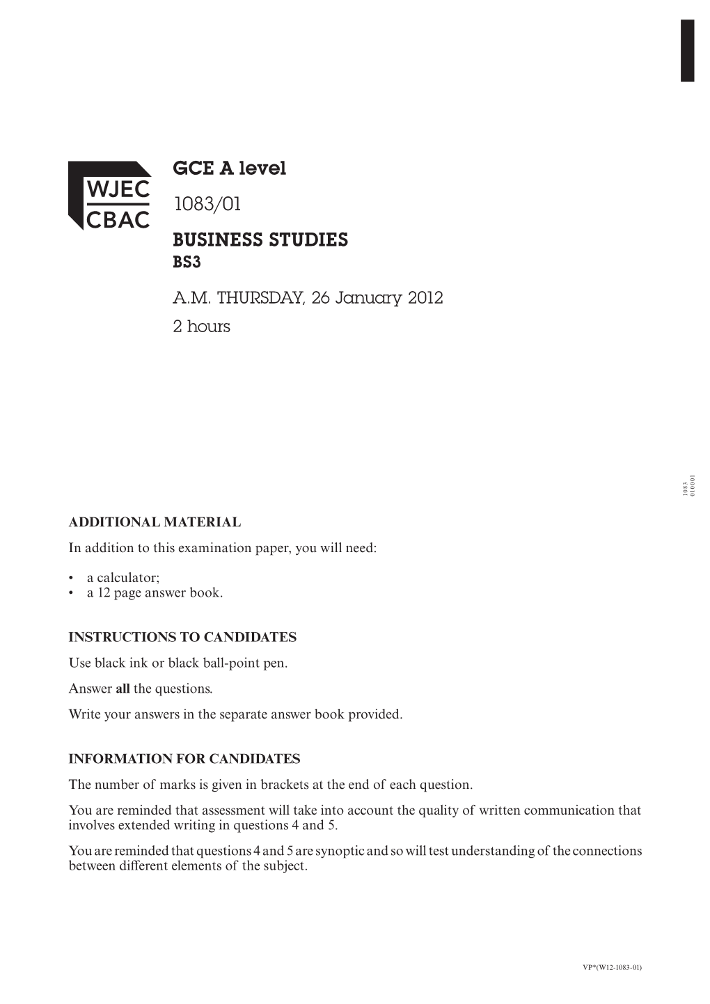 BS3 BUSINESS STUDIES 1083/01 GCE Alevel VP*(W12-1083-01)