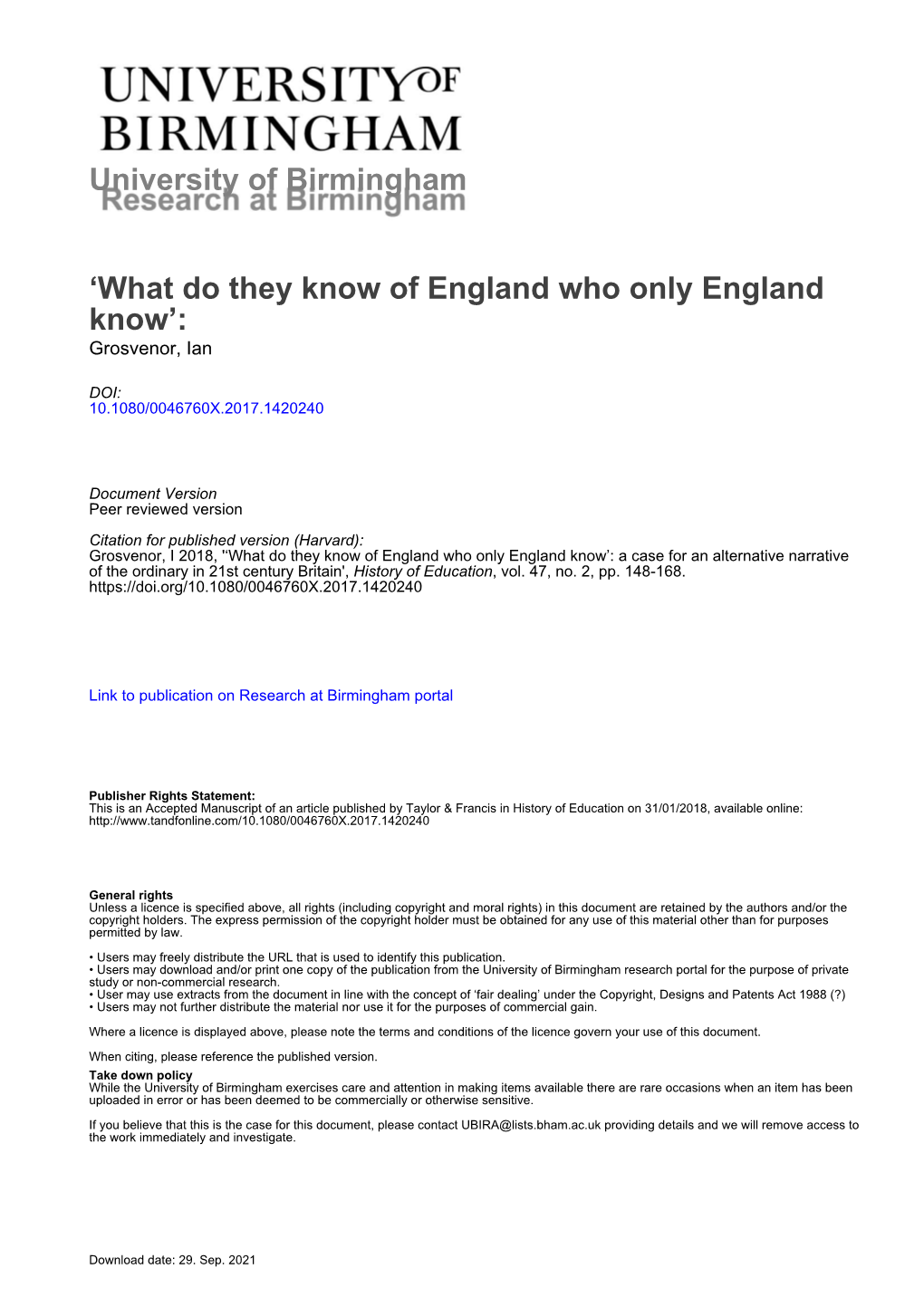 What Do They Know of England Who Only England Know’: Grosvenor, Ian