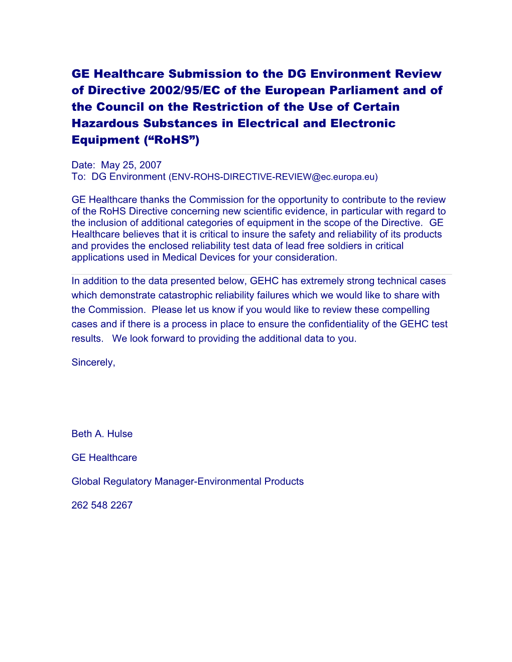 GE Healthcare Submission to the DG Environment Review of Directive 2002/95/EC of the European