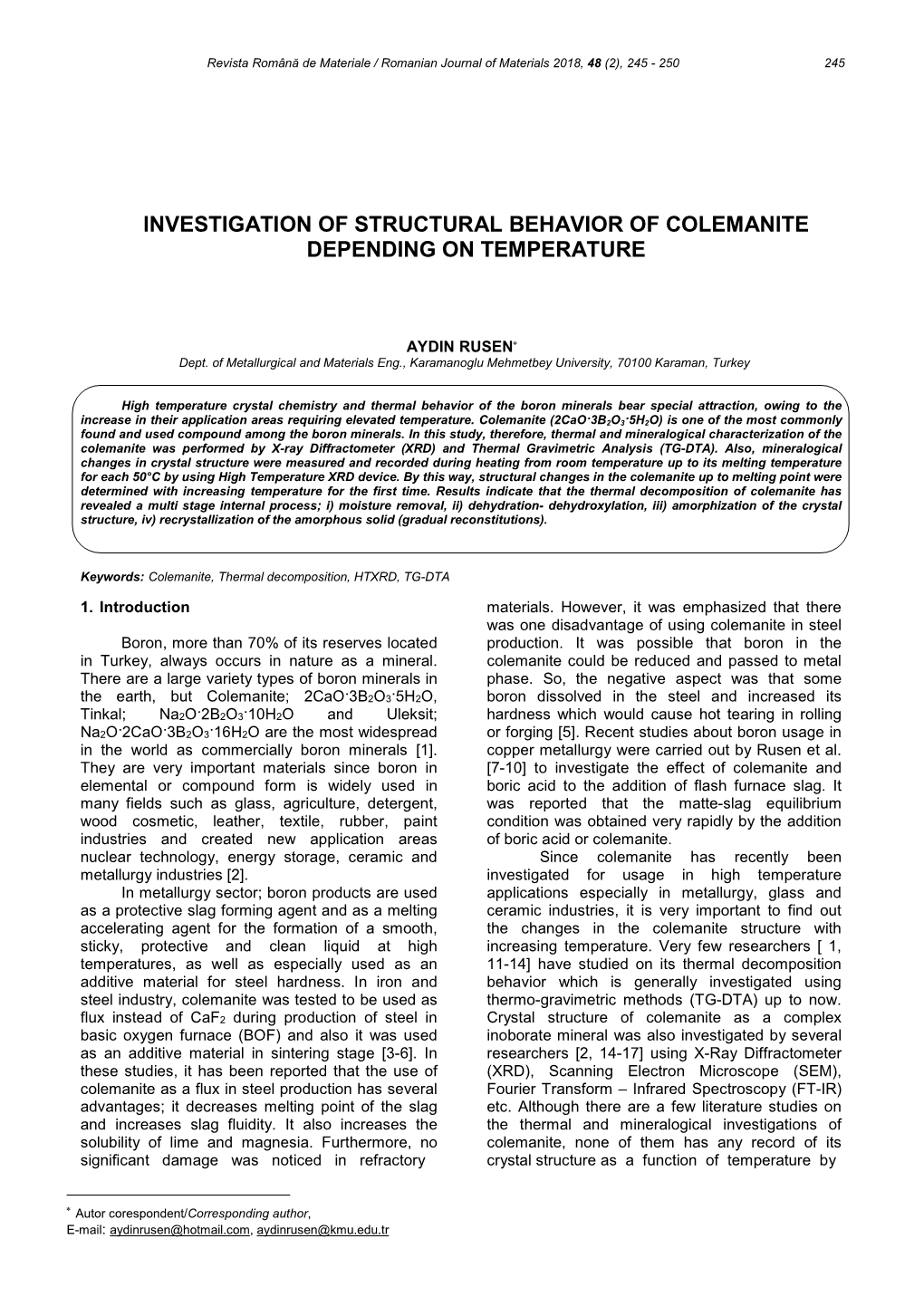 Investigation of Structural Behavior of Colemanite Depending on Temperature