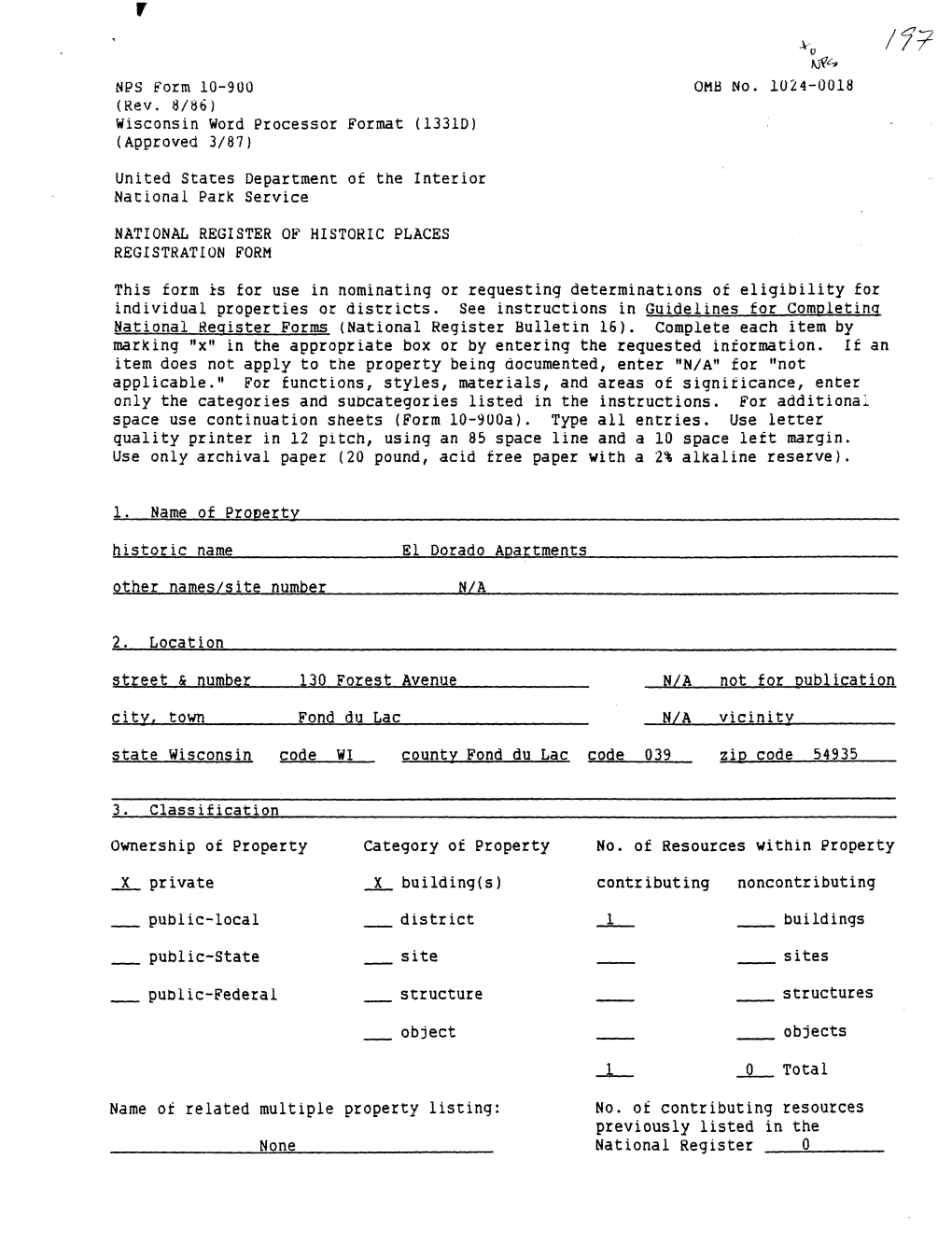 Wisconsin Word Processor Format (1331D) (Approved 3/87) United States Department of the Interior National Park Service