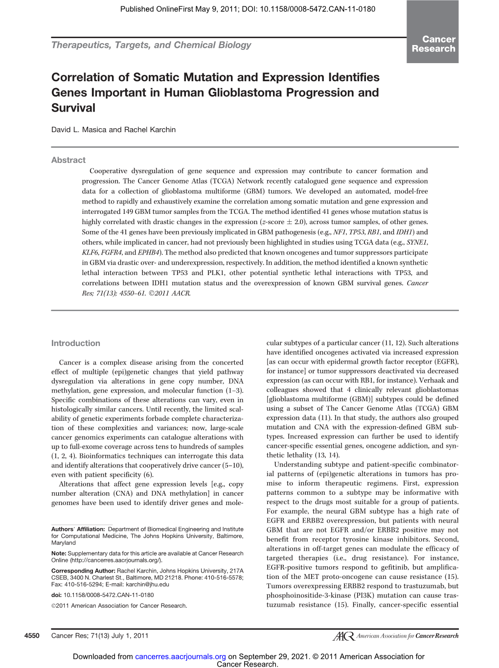 Correlation of Somatic Mutation and Expression Identifies Genes Important in Human Glioblastoma Progression and Survival