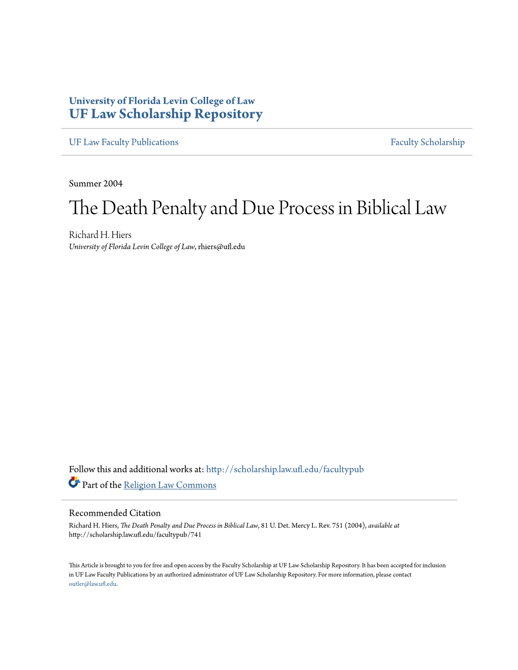 The Death Penalty and Due Process in Biblical Law, 81 U