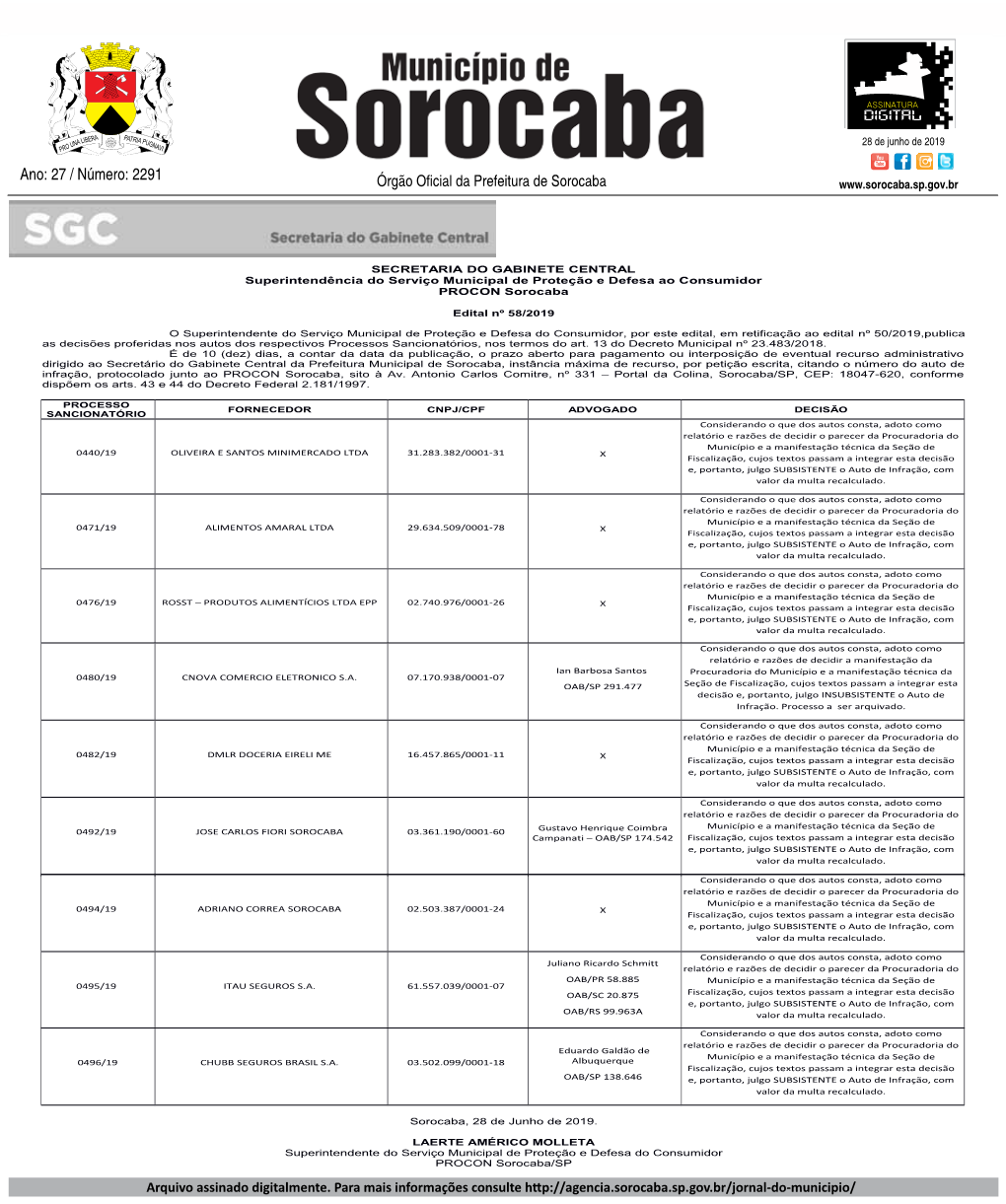 2291 – 28 De Junho De 2019