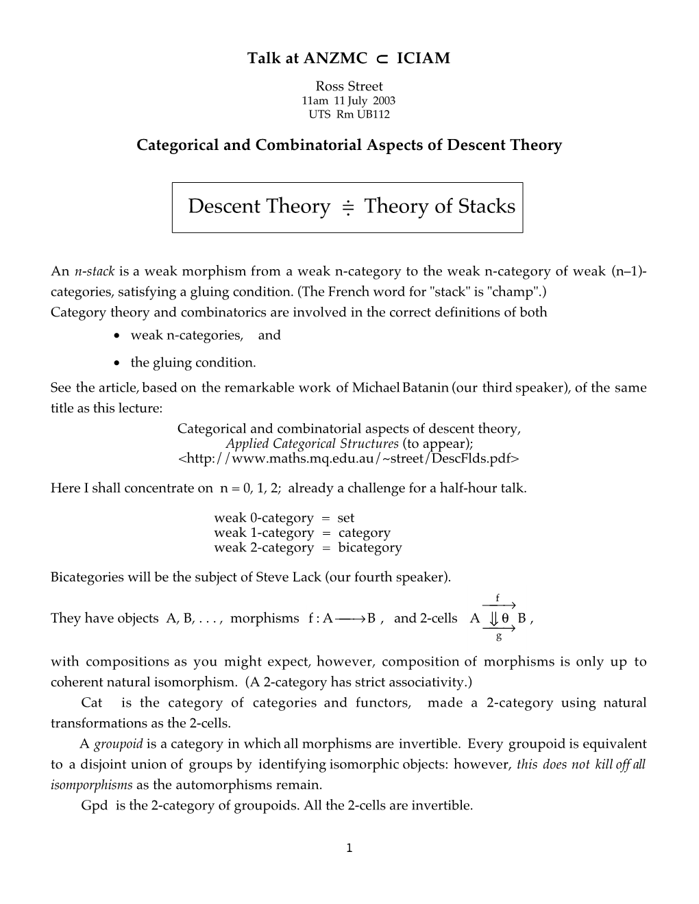 Descent Theory Theory of Stacks =.