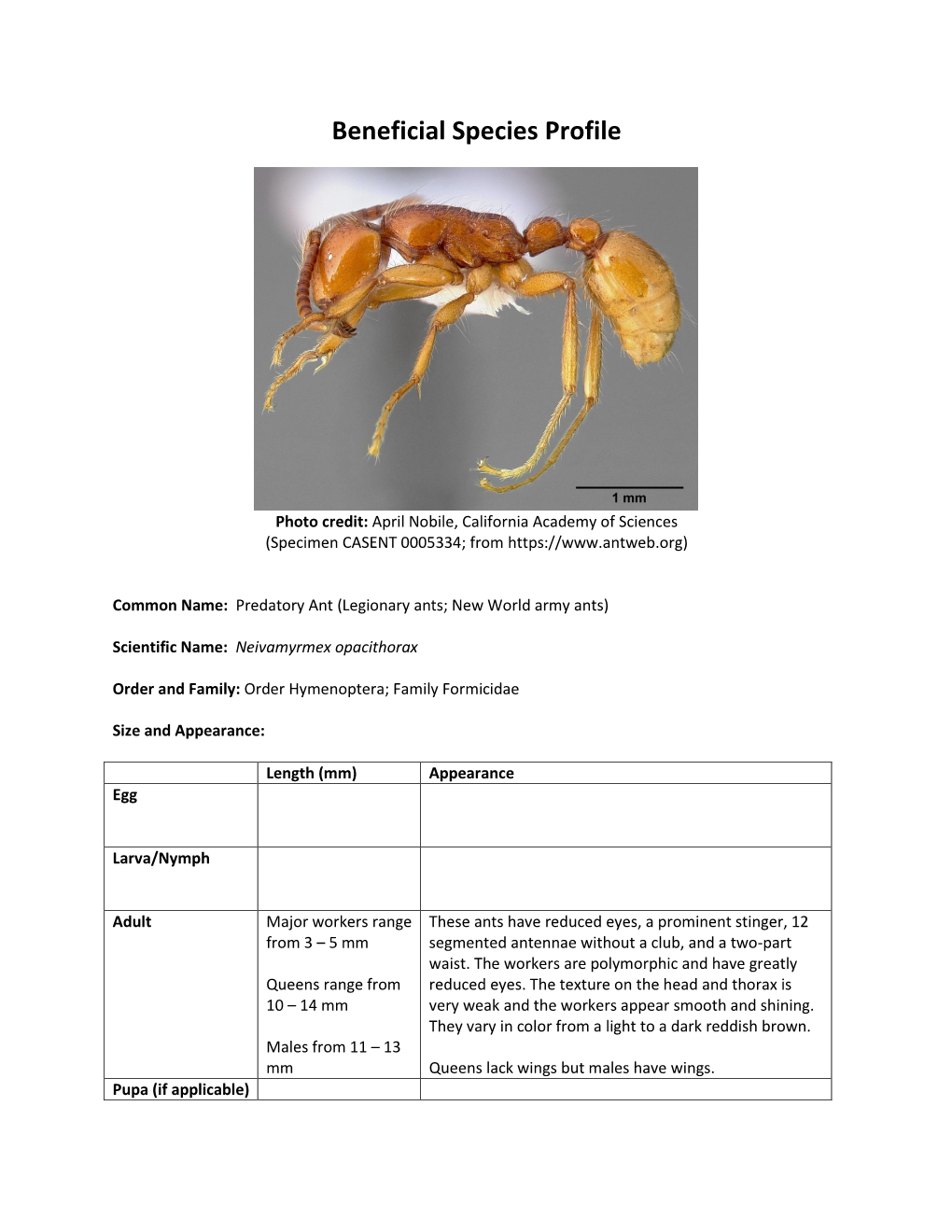 Beneficial Species Profile