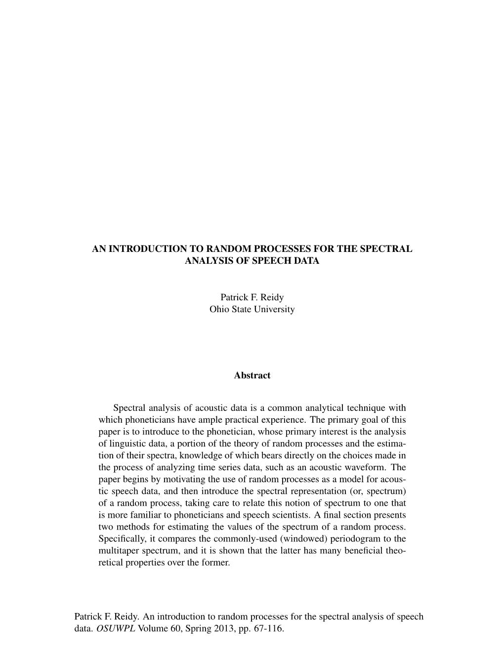 An Introduction to Random Processes for the Spectral Analysis of Speech Data