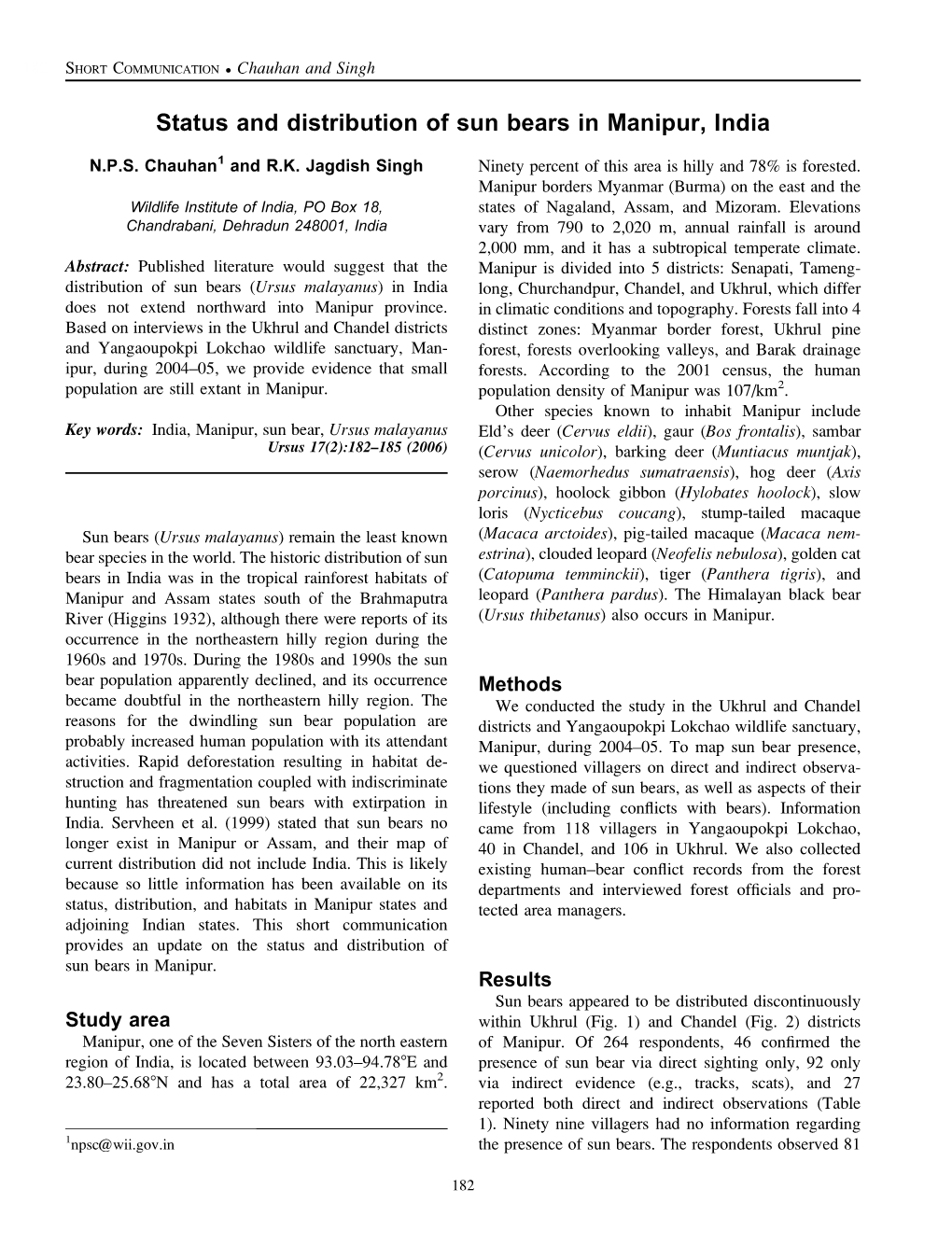 Status and Distribution of Sun Bears in Manipur, India