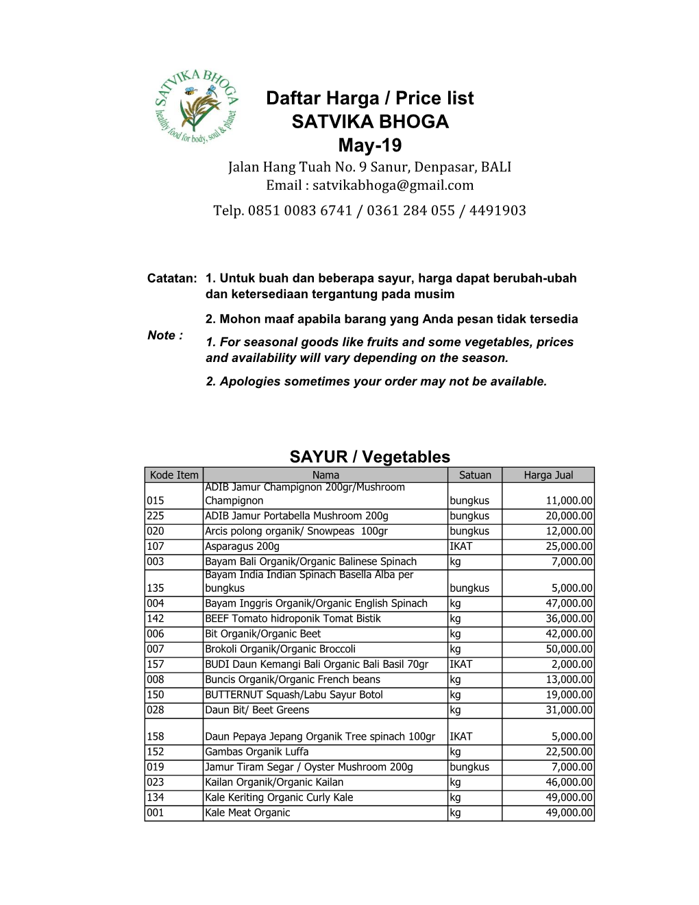 Daftar Harga / Price List SATVIKA BHOGA May-19 Jalan Hang Tuah No