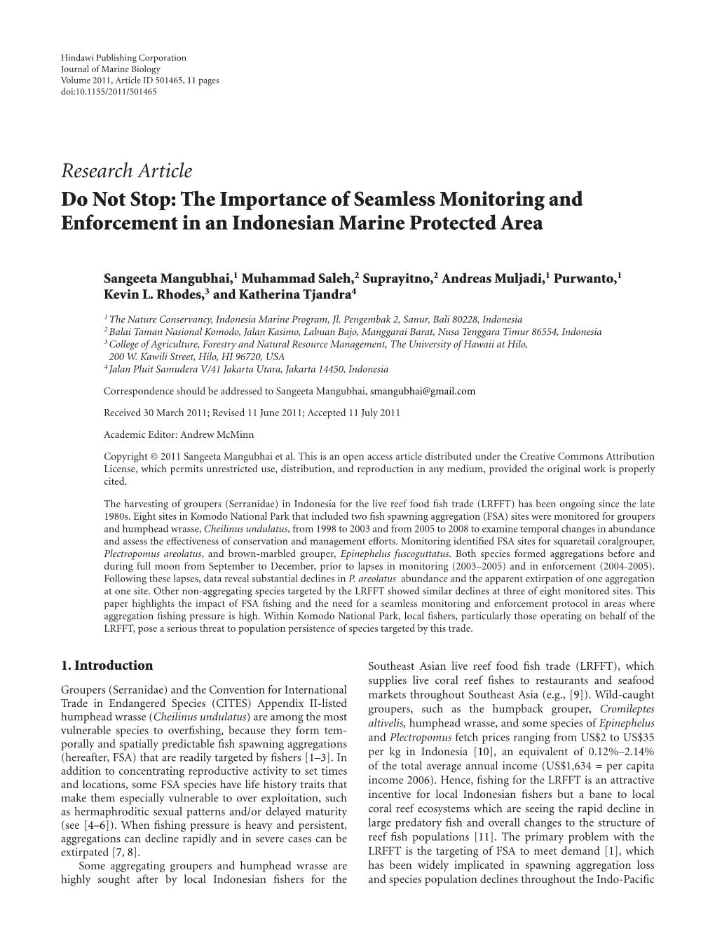 Research Article Do Not Stop: the Importance of Seamless Monitoring and Enforcement in an Indonesian Marine Protected Area