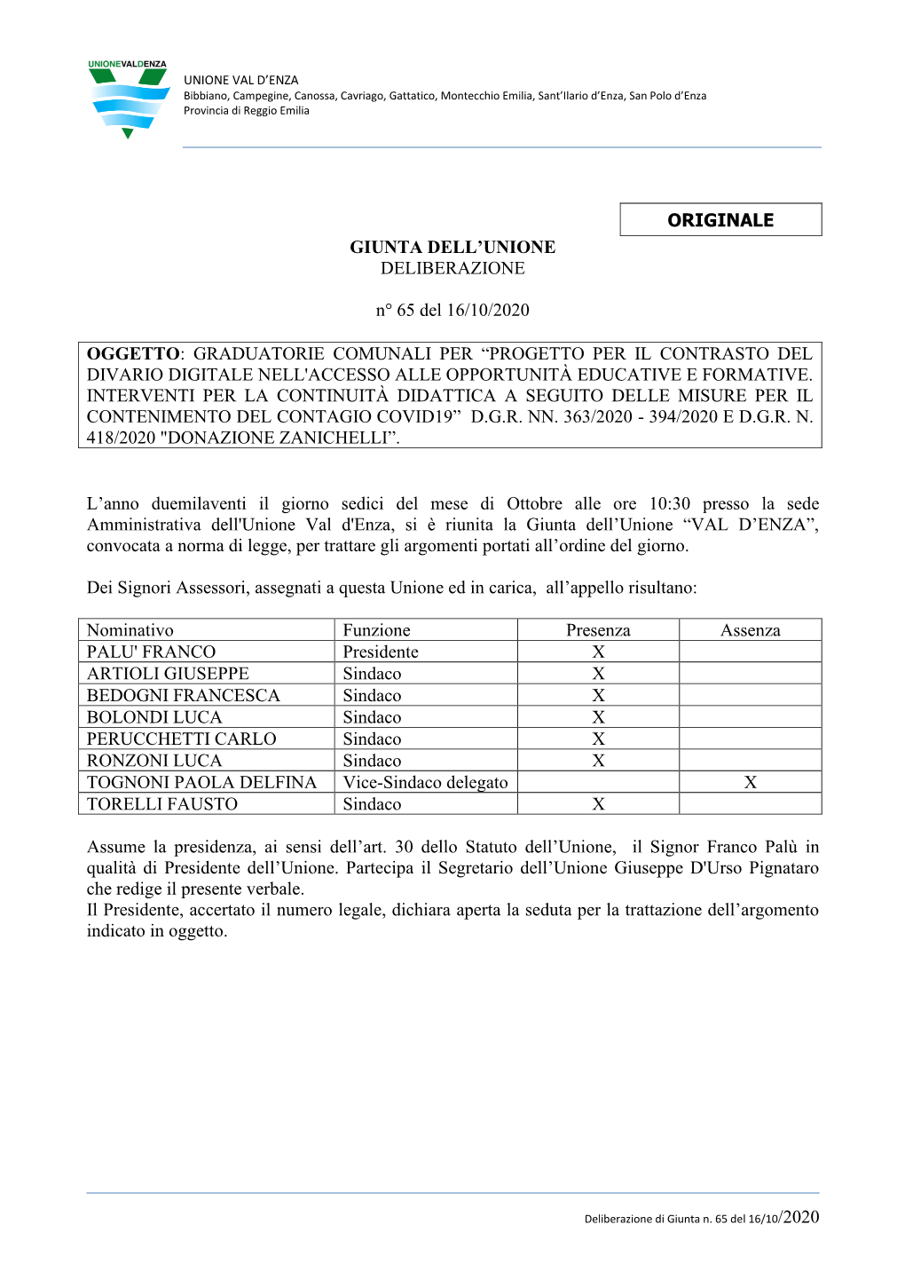 Delibera Unione Val D'enza 65/2020