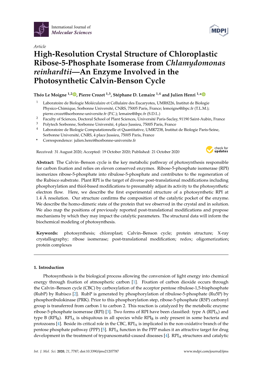 High-Resolution Crystal Structure of Chloroplastic Ribose-5-Phosphate