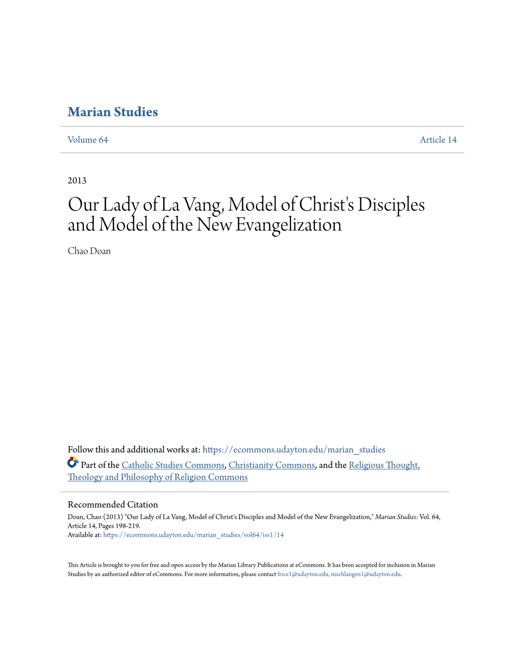 Our Lady of La Vang, Model of Christ's Disciples and Model of the New Evangelization Chao Doan