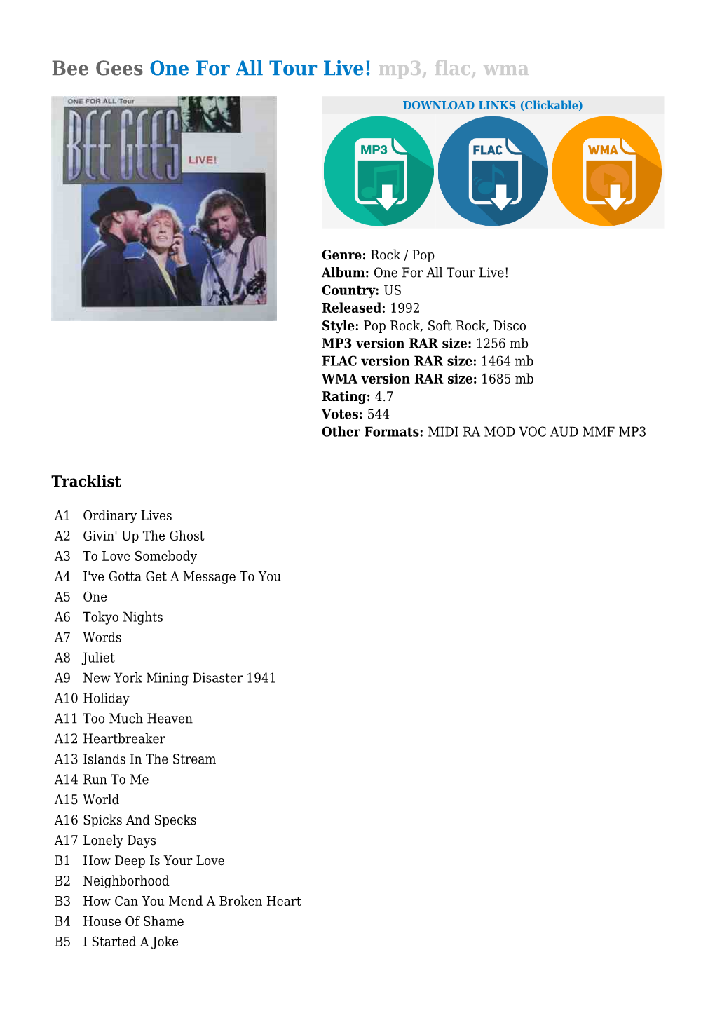 Bee Gees One for All Tour Live! Mp3, Flac, Wma