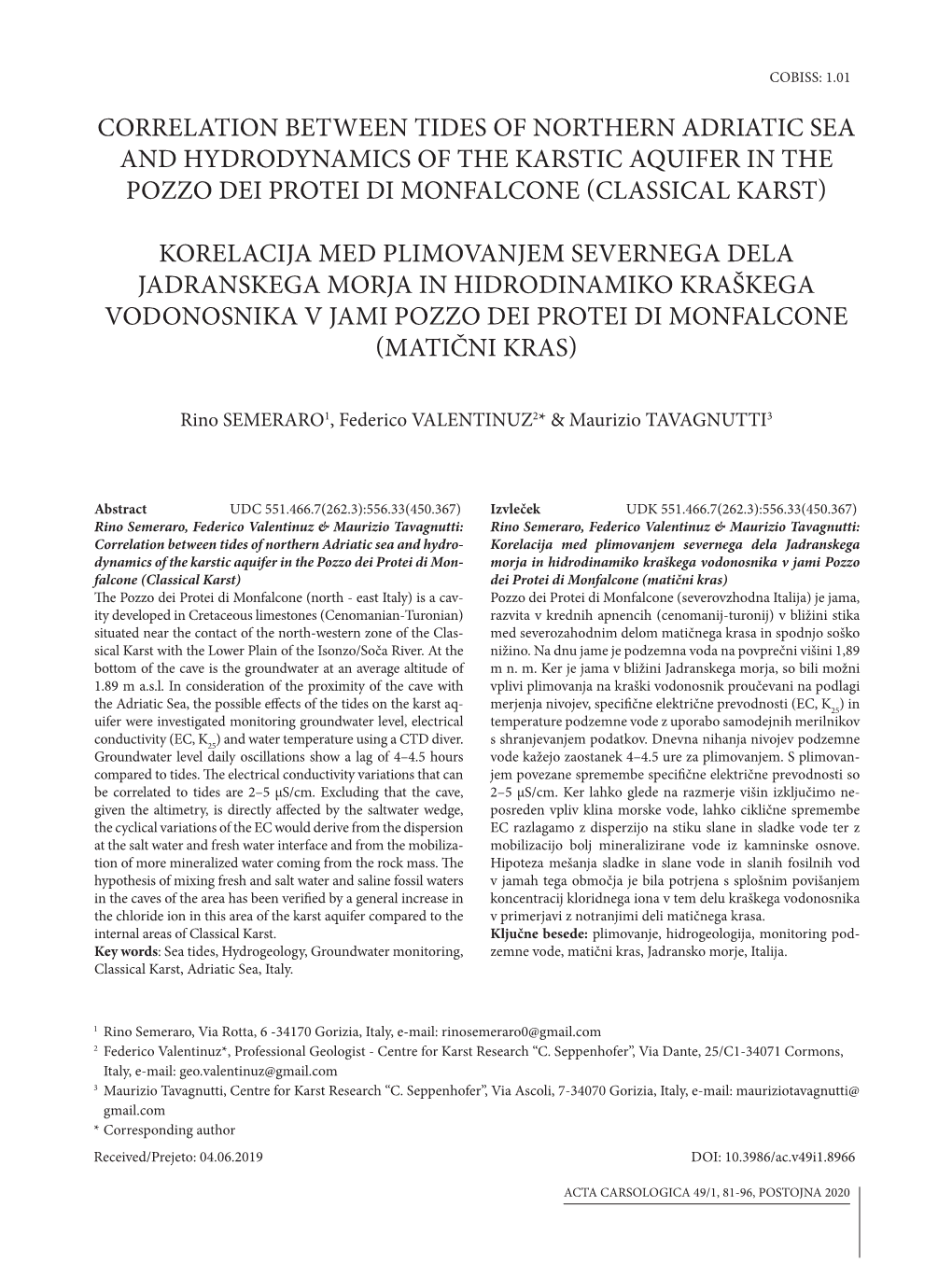 Correlation Between Tides of Northern Adriatic Sea and Hydrodynamics of the Karstic Aquifer in the Pozzo Dei Protei Di Monfalcone (Classical Karst)