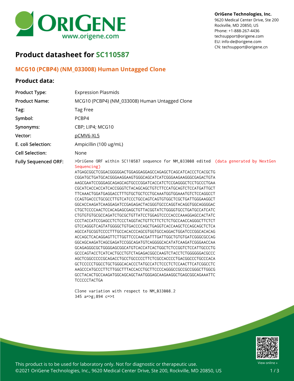 MCG10 (PCBP4) (NM 033008) Human Untagged Clone Product Data