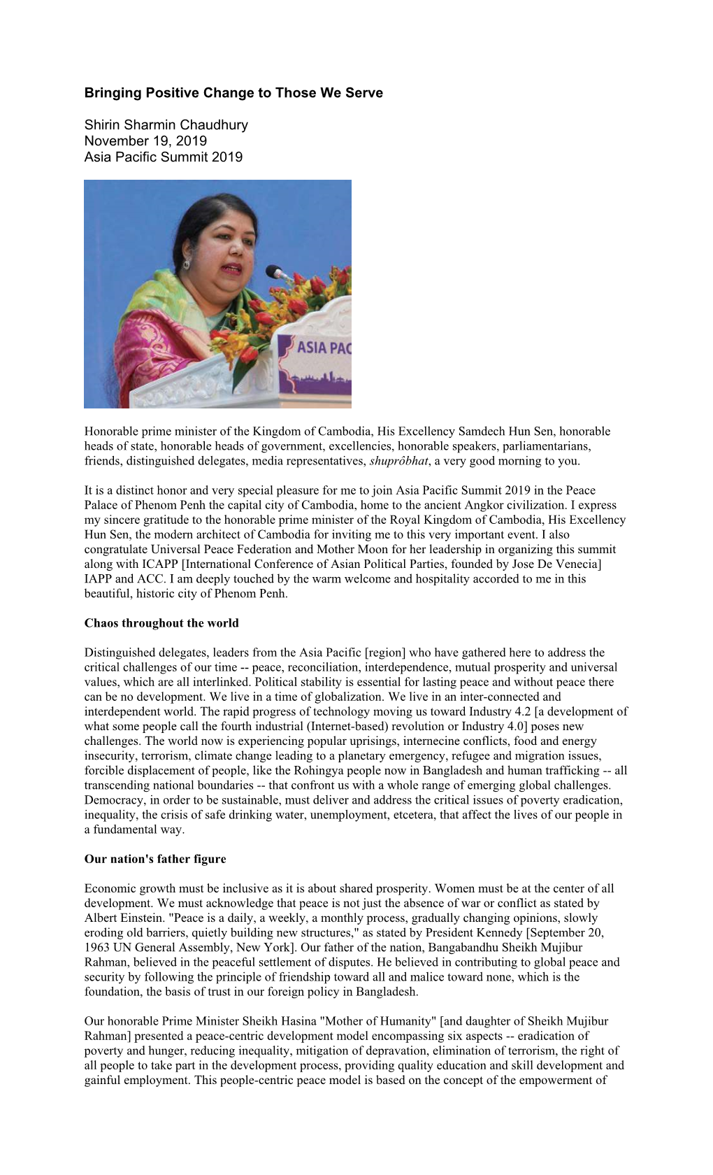 Shirin Sharmin Chaudhury November 19, 2019 Asia Pacific Summit 2019