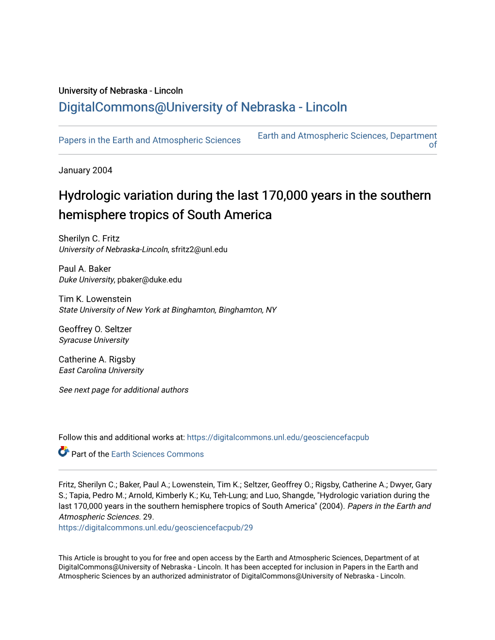 Hydrologic Variation During the Last 170,000 Years in the Southern Hemisphere Tropics of South America