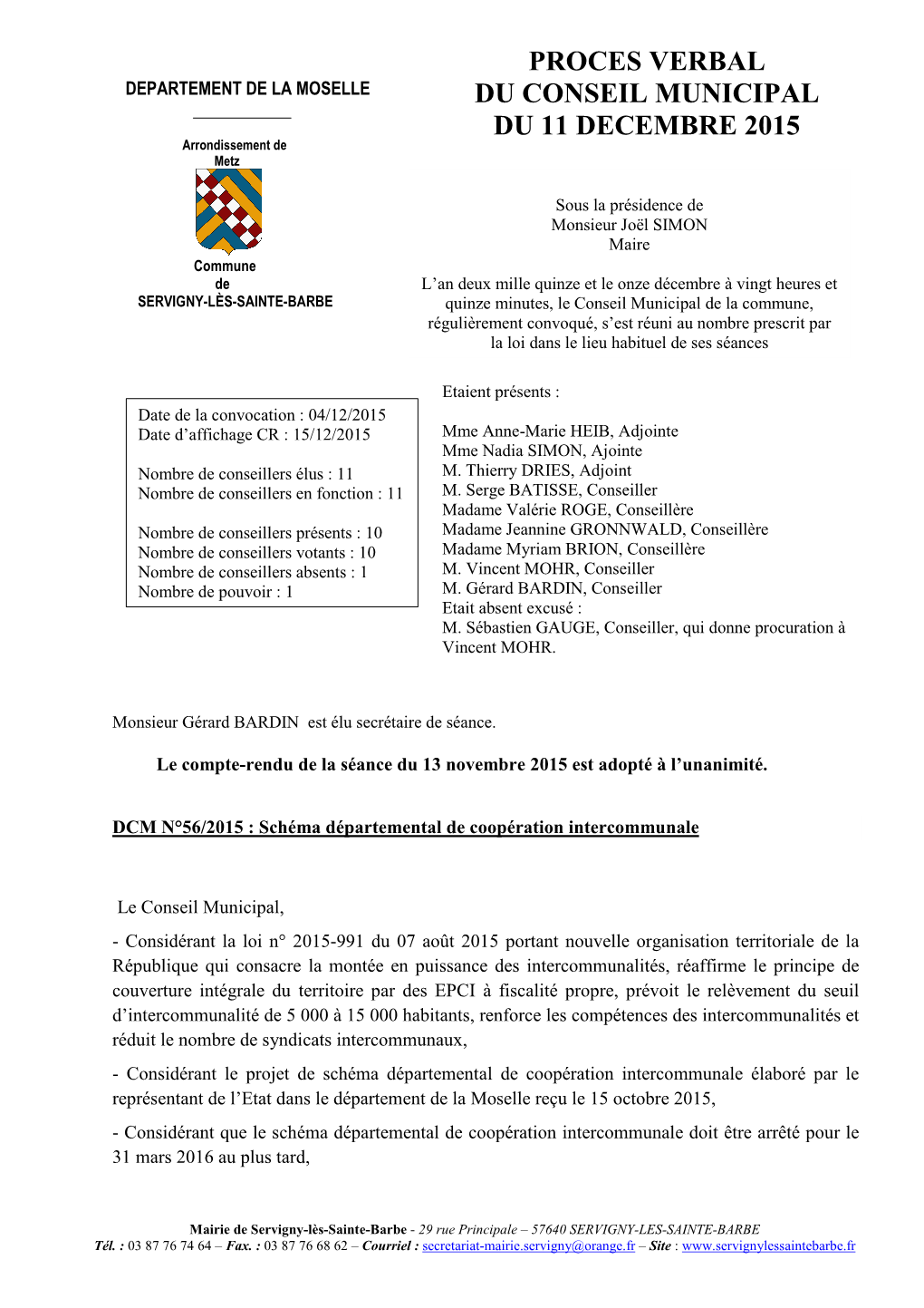 Proces Verbal Du Conseil Municipal Du 11 Decembre 2015