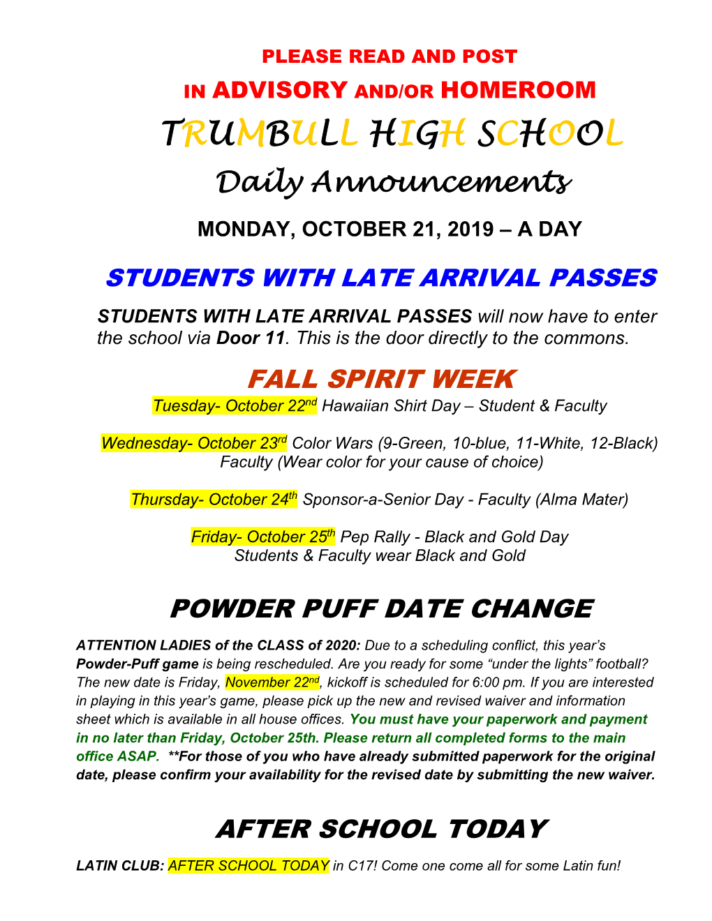 TRUMBULL HIGH SCHOOL Daily Announcements