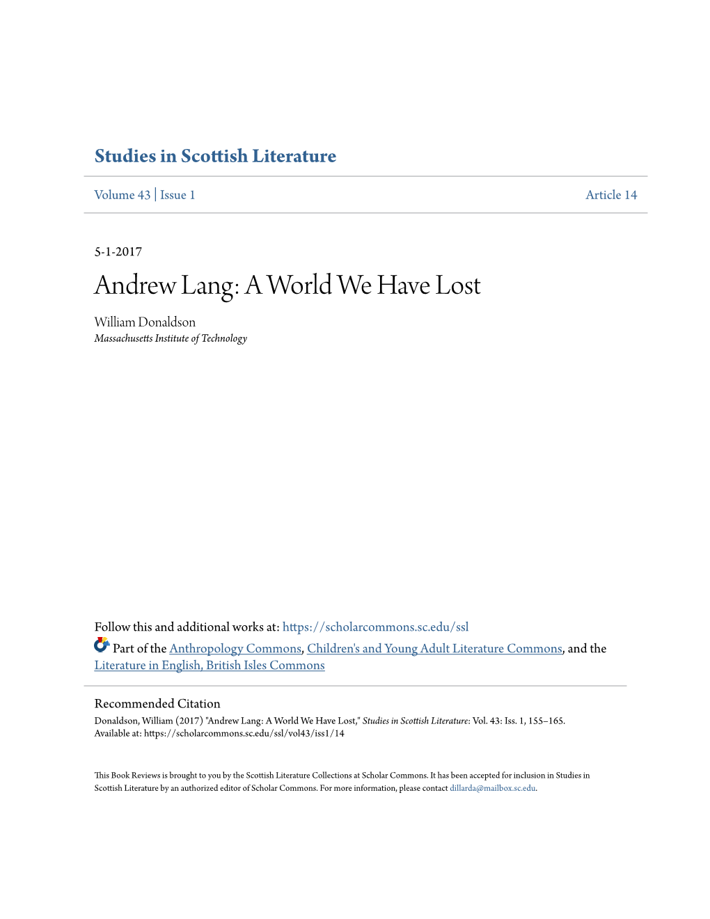 Andrew Lang: a World We Have Lost William Donaldson Massachusetts Ni Stitute of Technology