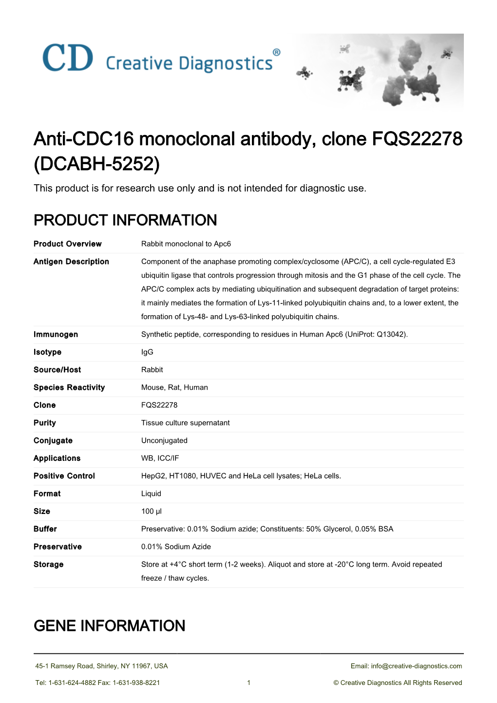Anti-CDC16 Monoclonal Antibody, Clone FQS22278 (DCABH-5252) This Product Is for Research Use Only and Is Not Intended for Diagnostic Use