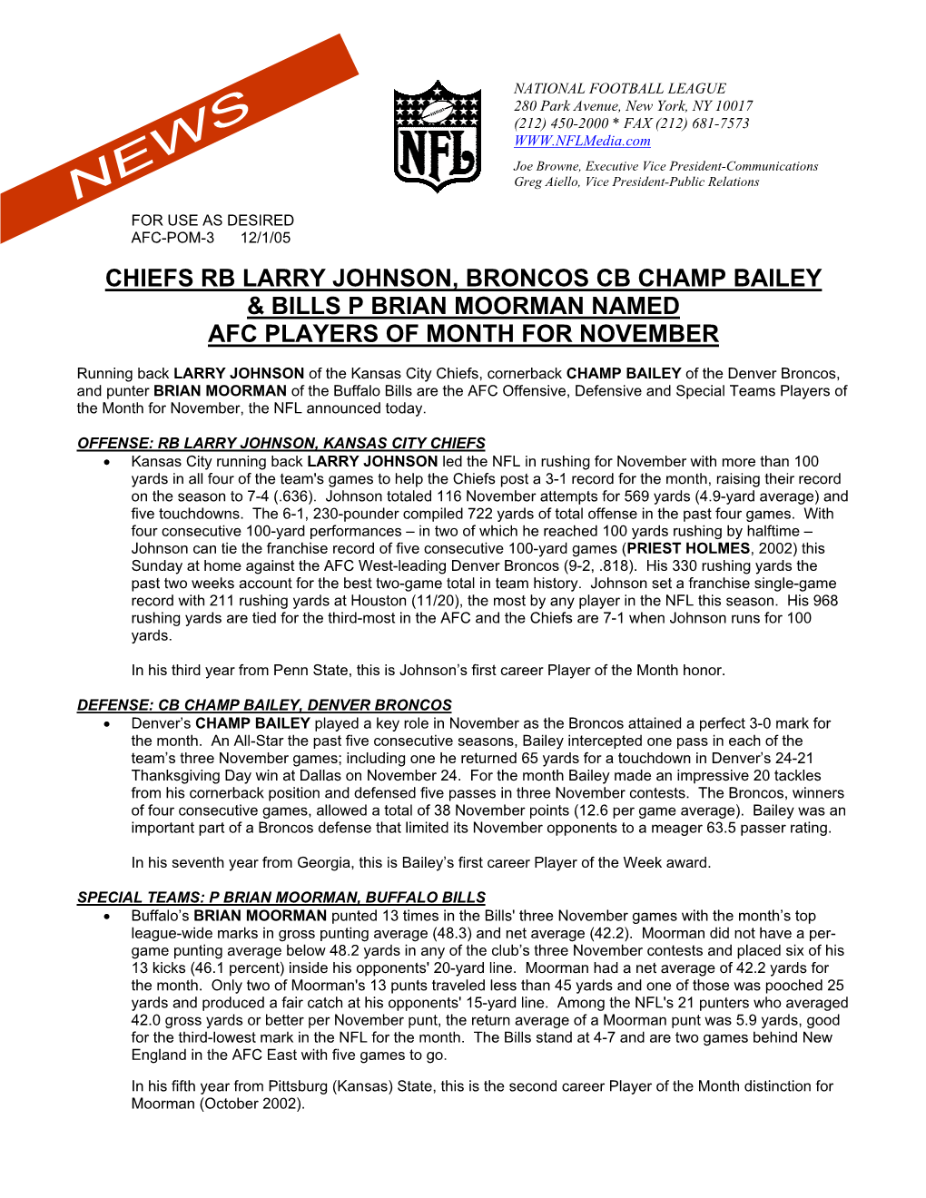 Chiefs Rb Larry Johnson, Broncos Cb Champ Bailey & Bills P Brian Moorman Named Afc Players of Month for November