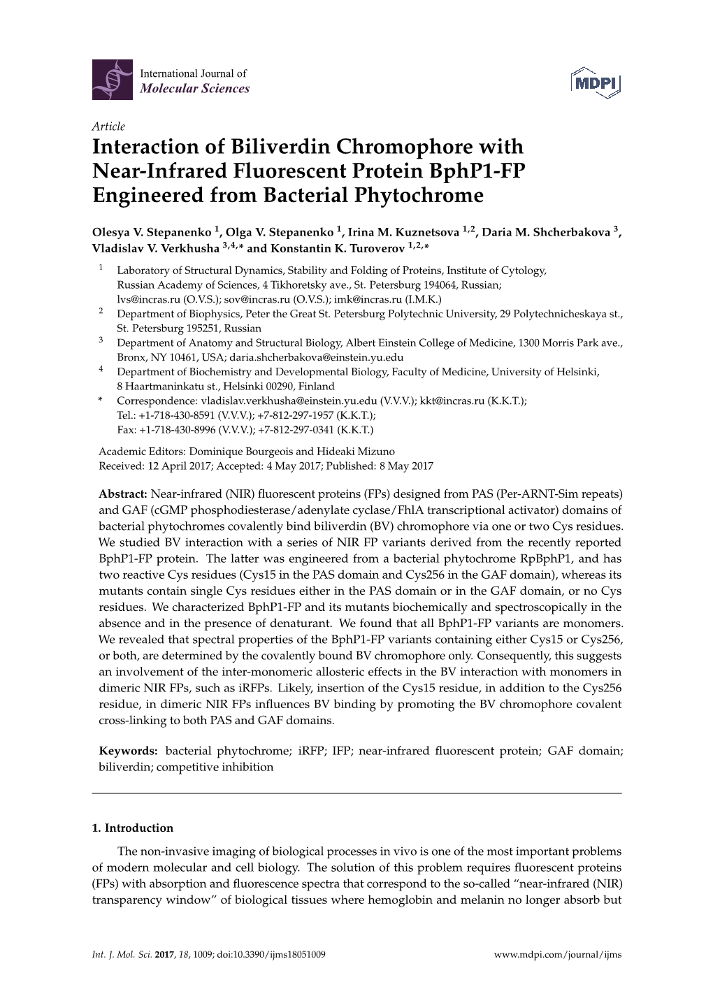 Interaction of Biliverdin Chromophore with Near-Infrared Fluorescent Protein Bphp1-FP Engineered from Bacterial Phytochrome