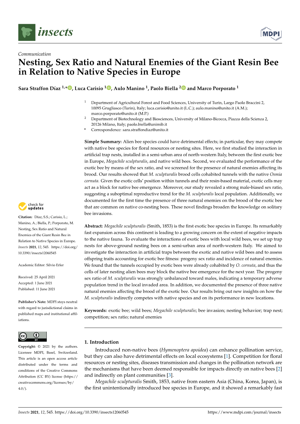 Nesting, Sex Ratio and Natural Enemies of the Giant Resin Bee in Relation to Native Species in Europe