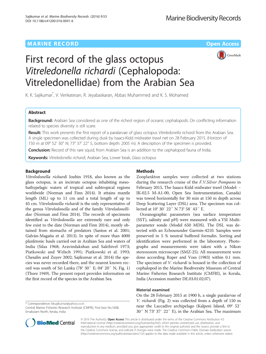 First Record of the Glass Octopus Vitreledonella Richardi (Cephalopoda: Vitreledonellidae) from the Arabian Sea K