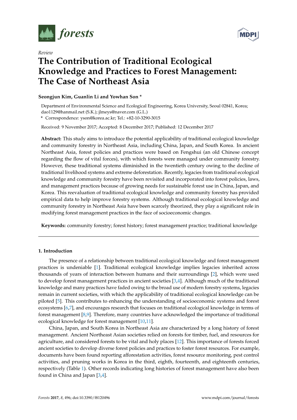 The Contribution of Traditional Ecological Knowledge and Practices to Forest Management: the Case of Northeast Asia