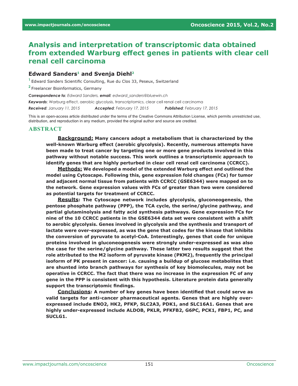 Analysis and Interpretation of Transcriptomic Data Obtained from Extended Warburg Effect Genes in Patients with Clear Cell Renal Cell Carcinoma