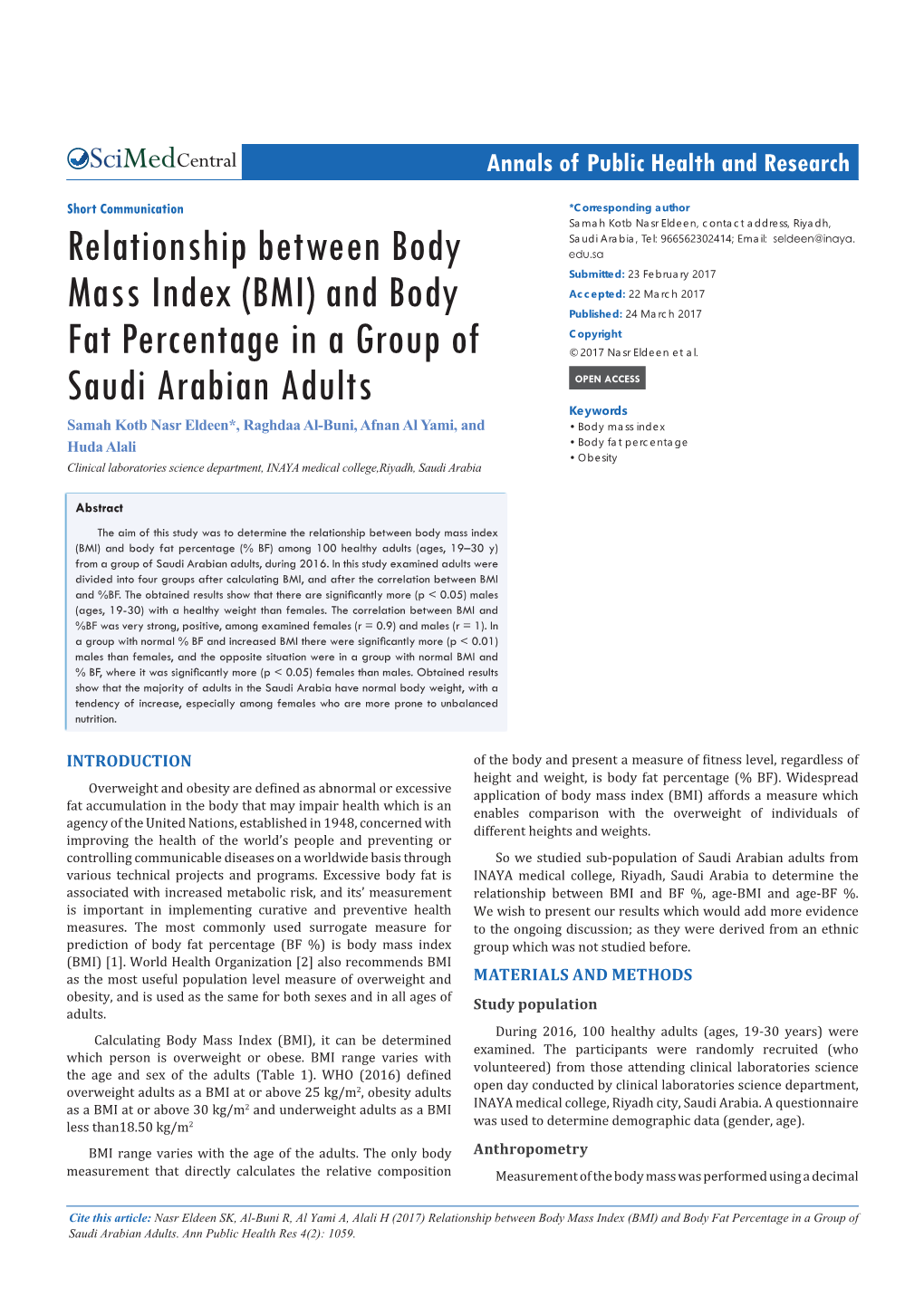Relationship Between Body Mass Index (BMI) and Body Fat Percentage in a Group of Saudi Arabian Adults
