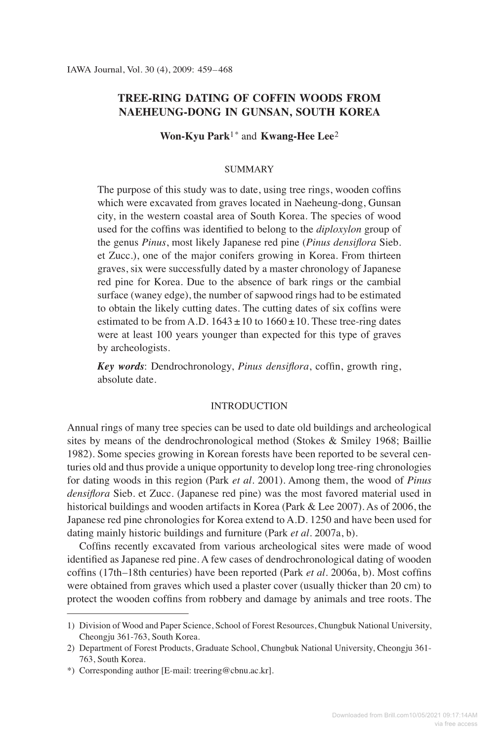 Tree-Ring Dating of Coffin Woods from Naeheung-Dong in Gunsan, South Korea