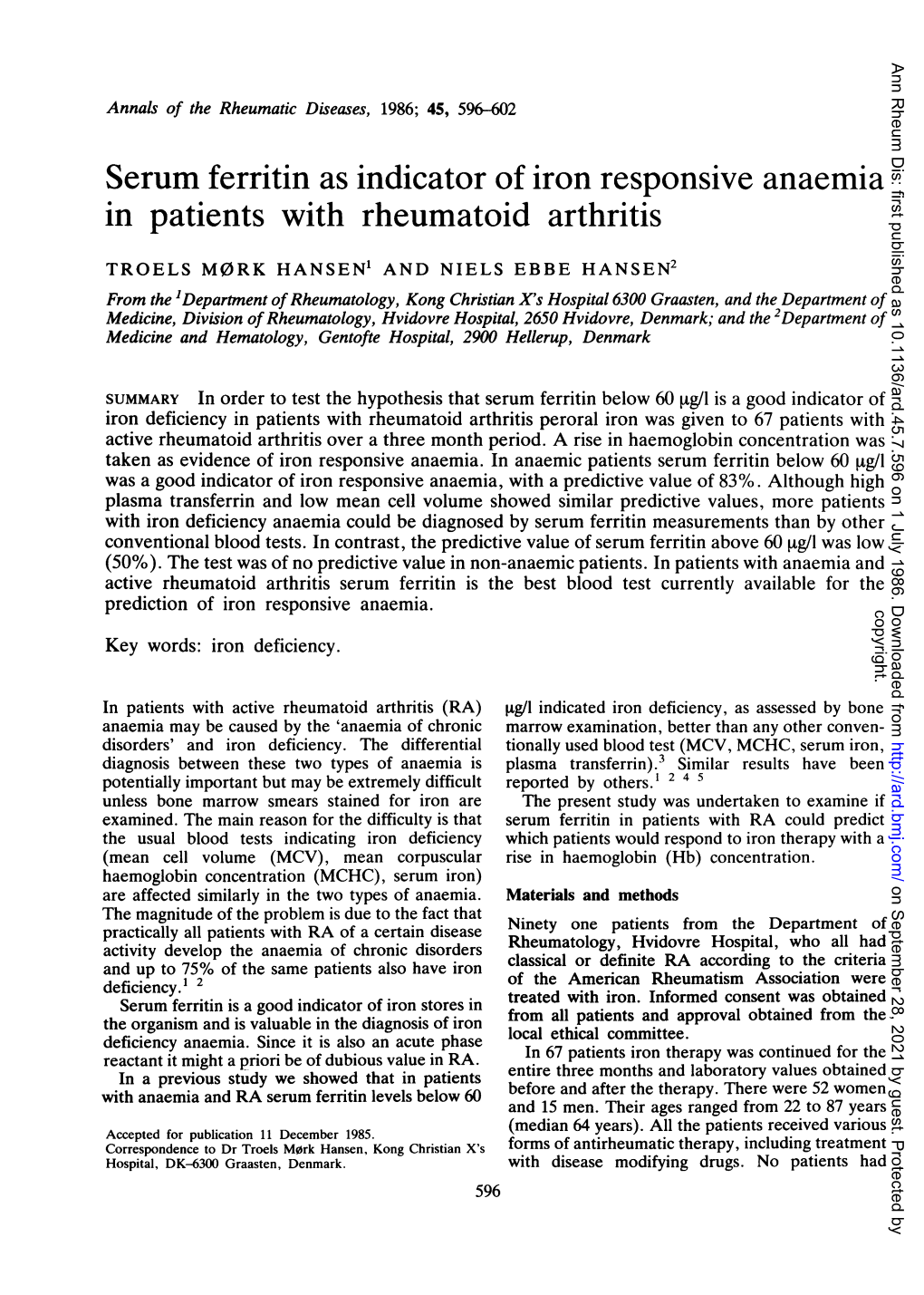 Serum Ferritin As Indicator of Iron Responsive Anaemia in Patients with Rheumatoid Arthritis