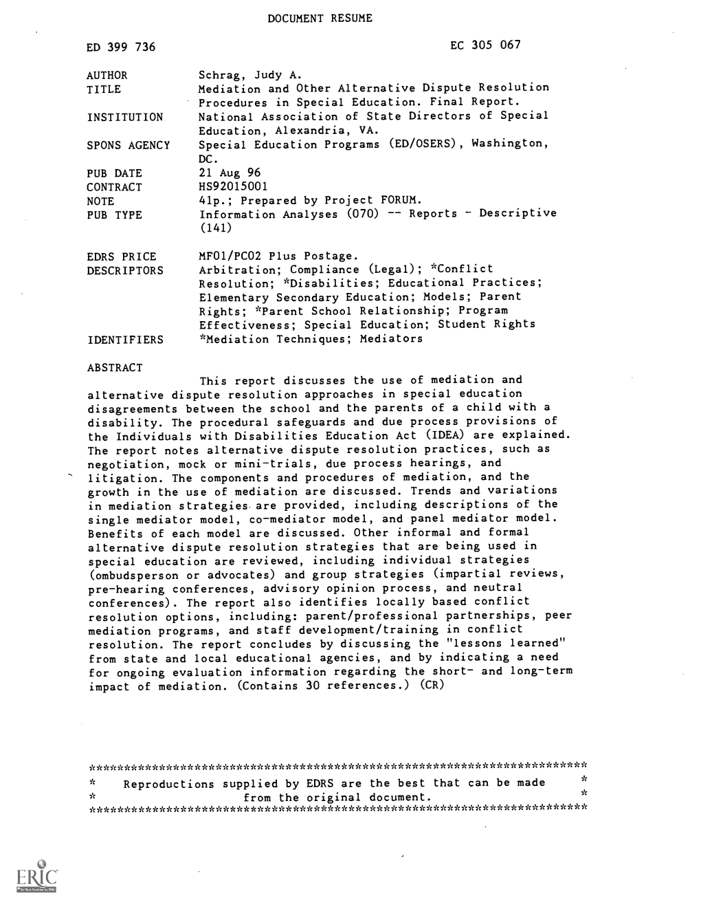 Mediation and Other Alternative Dispute Resolution Procedures in Special Education