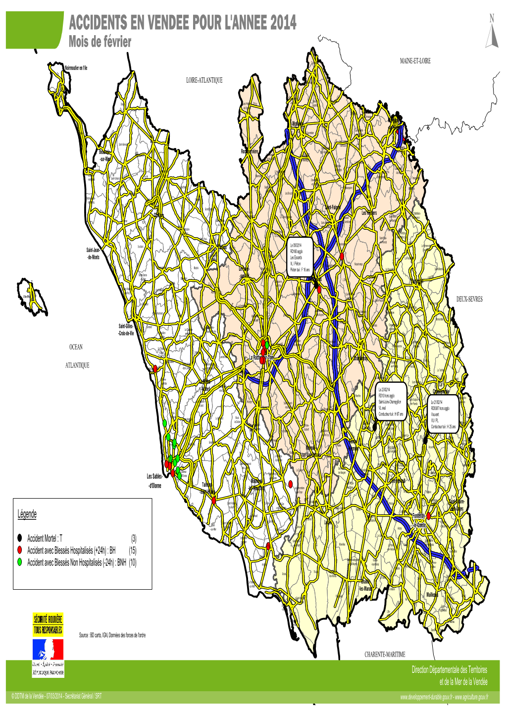 ACCIDENTS EN VENDEE POUR L'annee 2014 Mois De Février  D 7 6 3