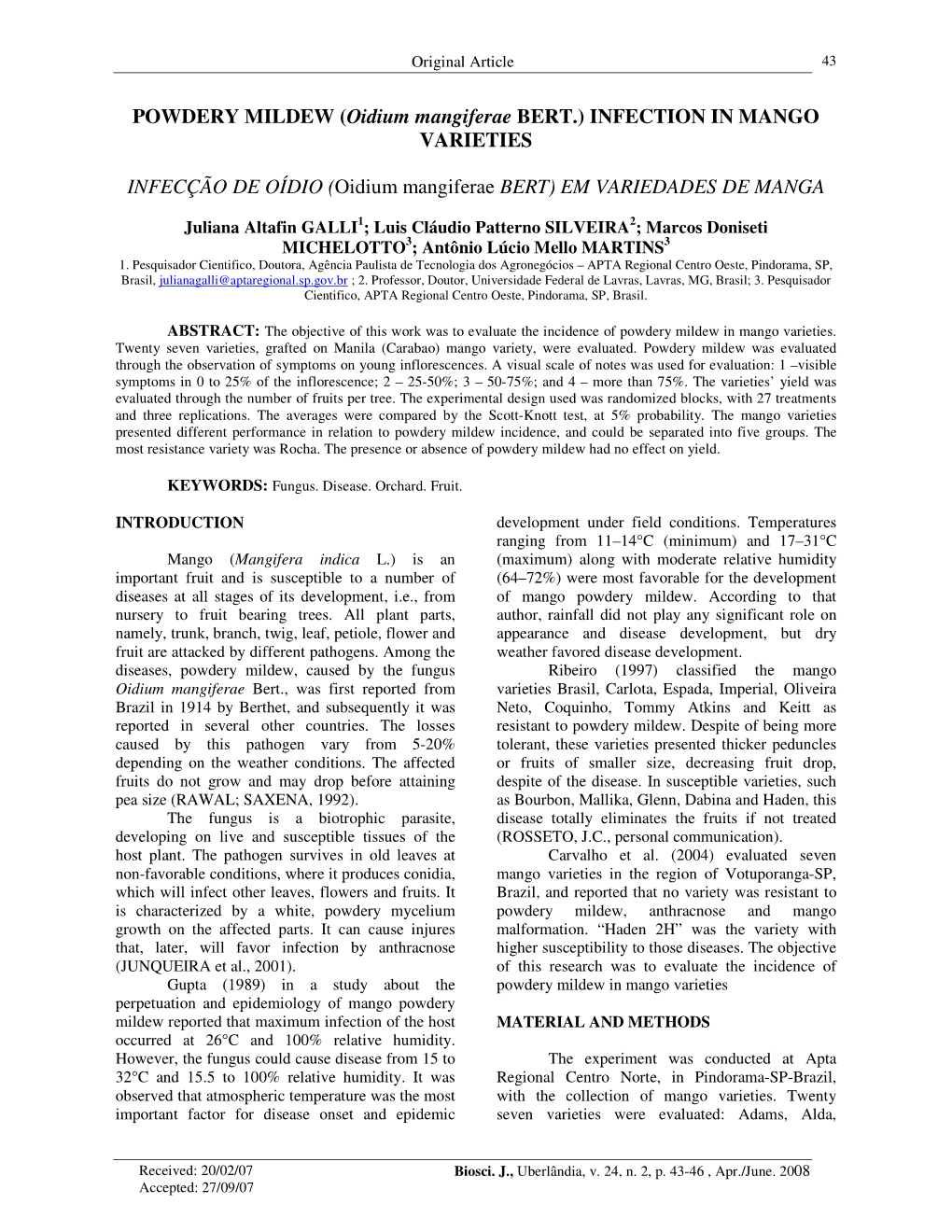 POWDERY MILDEW (Oidium Mangiferae BERT.) INFECTION in MANGO VARIETIES