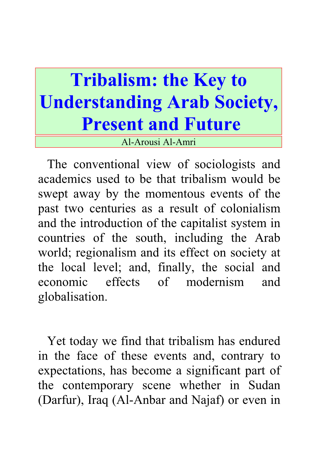 Tribalism: the Key to Understanding Arab Society, Present and Future