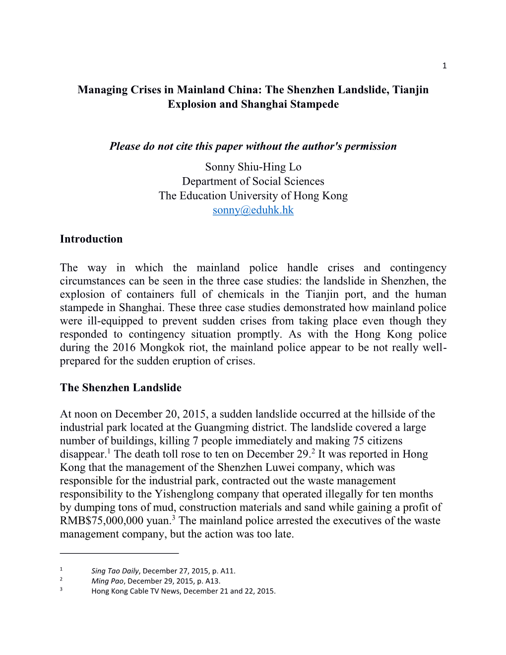 Managing Crises in Mainland China: the Shenzhen Landslide, Tianjin Explosion and Shanghai Stampede