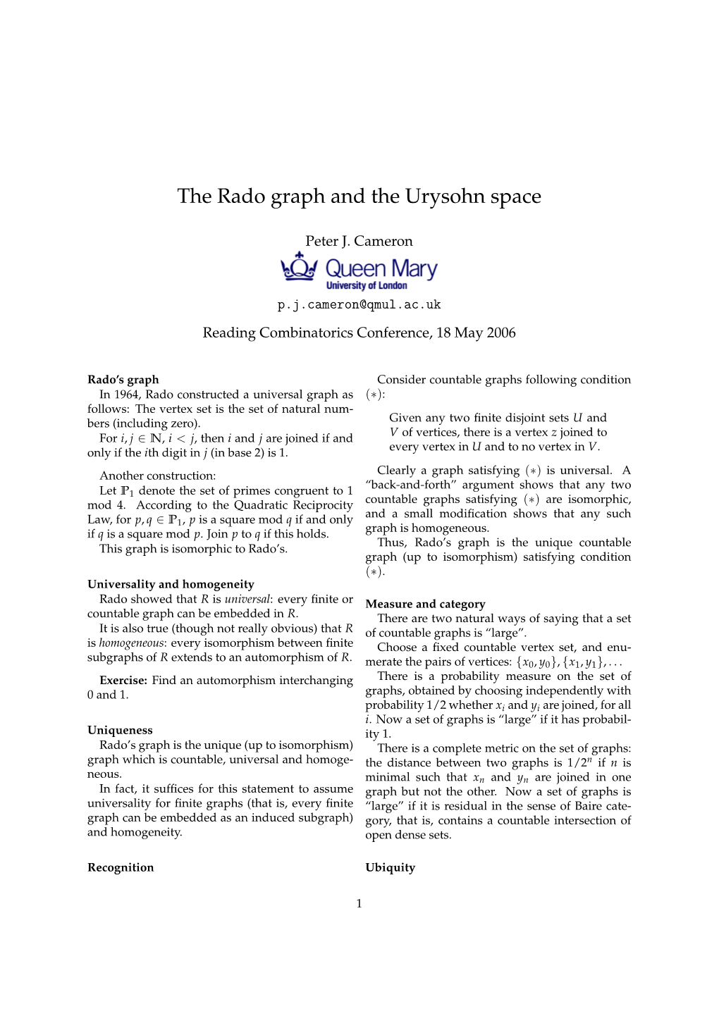 The Rado Graph and the Urysohn Space