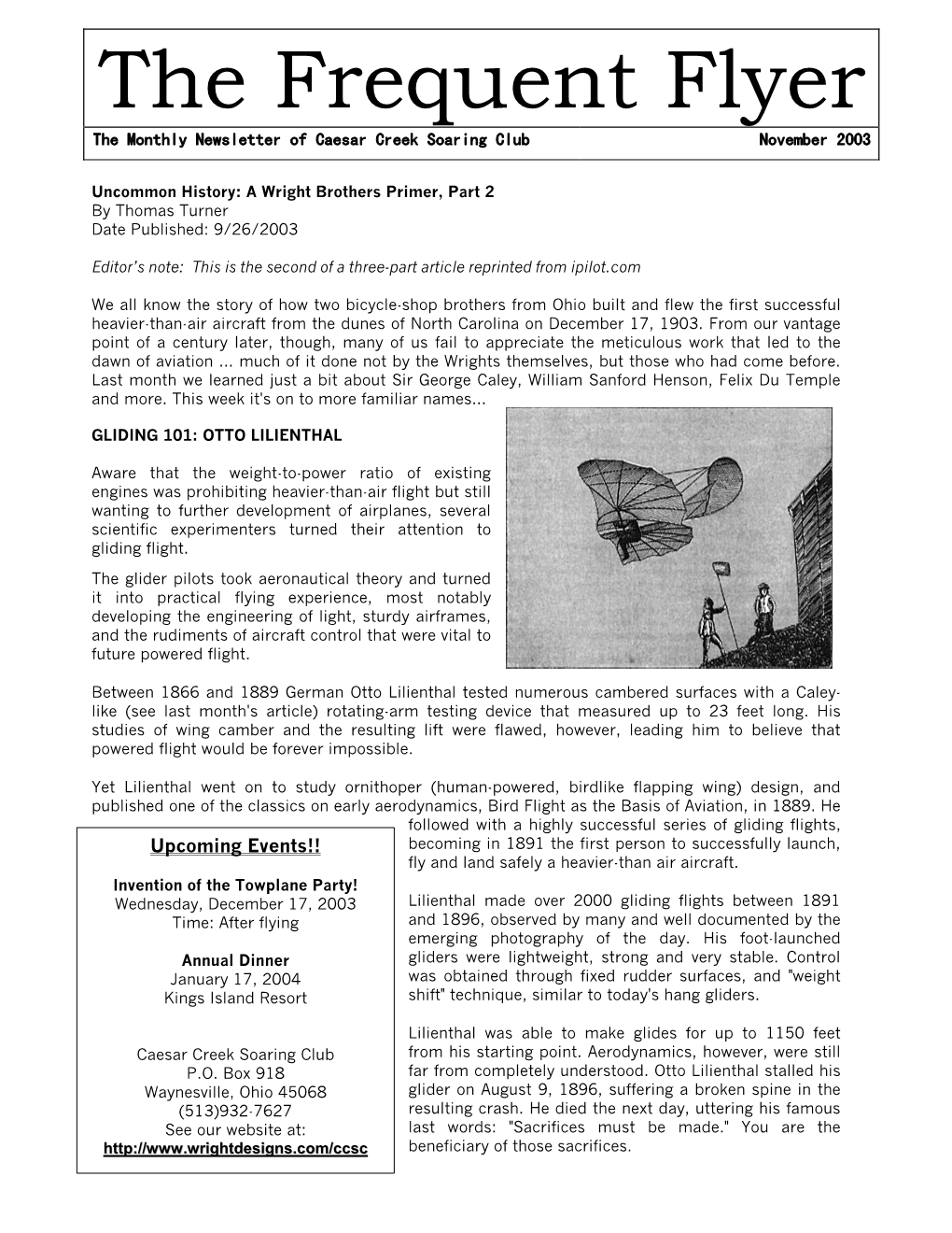 The Frequent Flyer the Monthly Newsletter of Caesar Creek Soaring Club November 2003