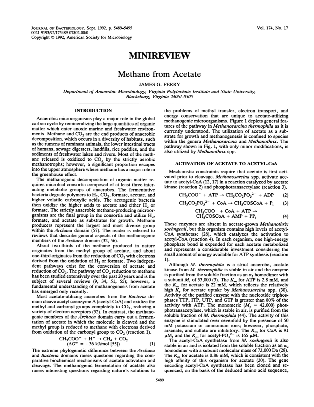 MINIREVIEW Methane from Acetate JAMES G