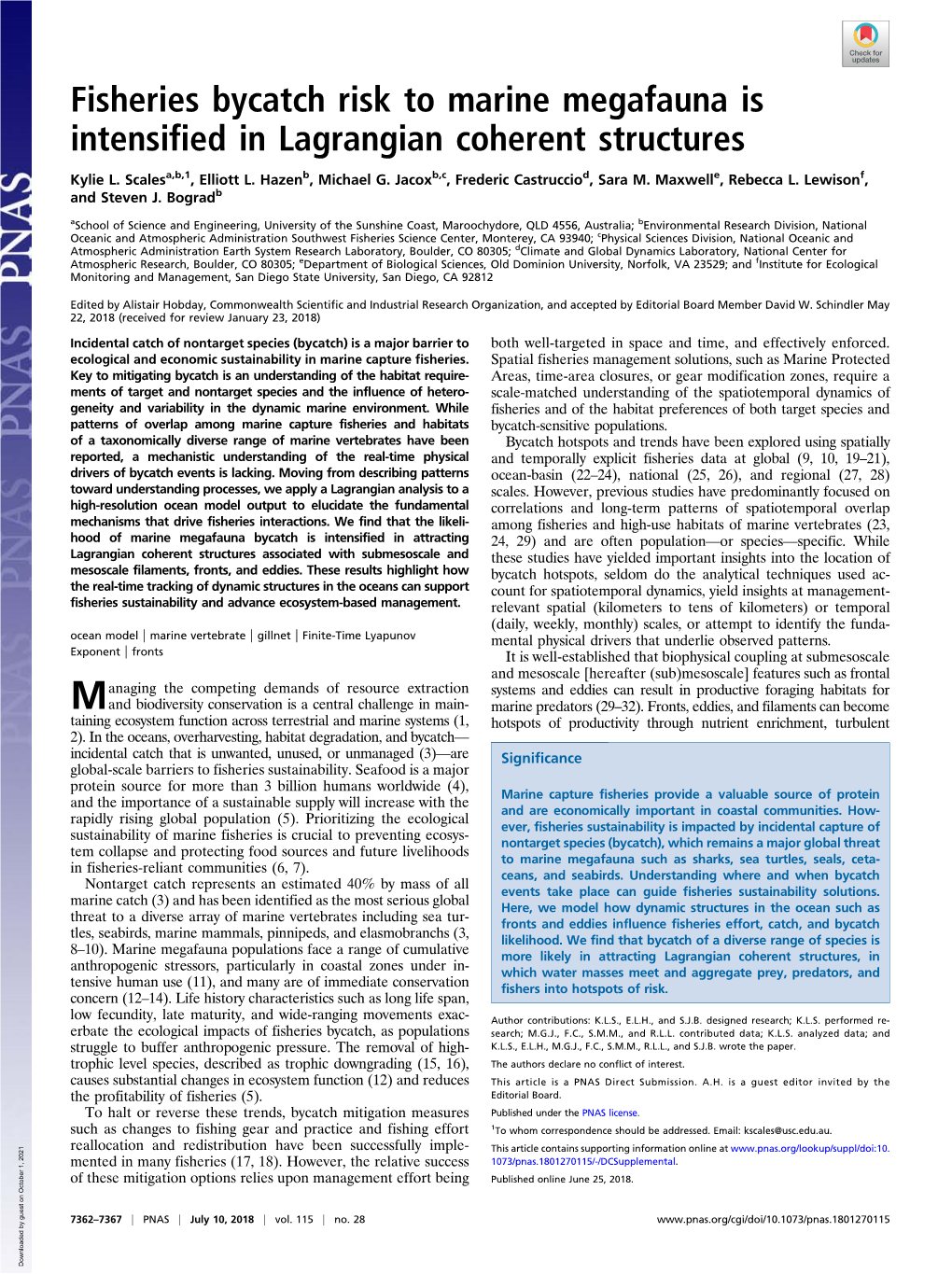 Fisheries Bycatch Risk to Marine Megafauna Is Intensified in Lagrangian Coherent Structures