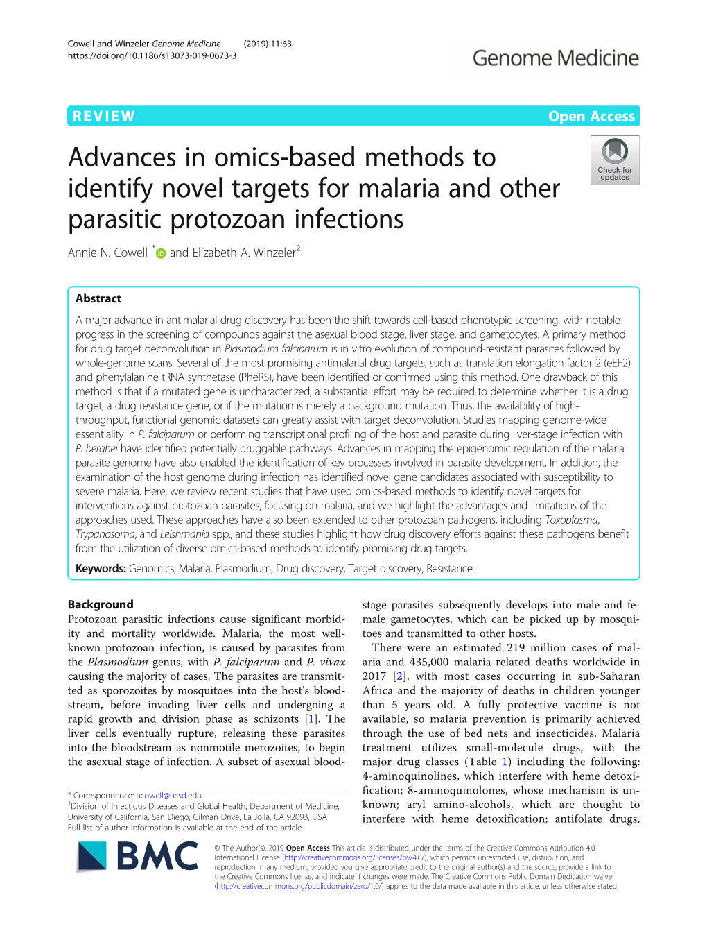 Advances in Omics-Based Methods to Identify Novel Targets for Malaria and Other Parasitic Protozoan Infections Annie N