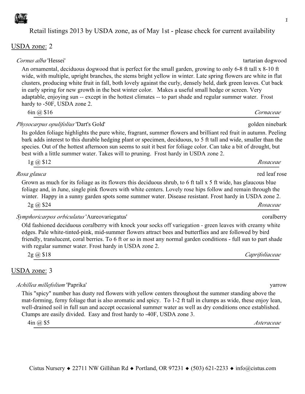 1 Retail Listings 2013 by USDA Zone, As of May 1St - Please Check for Current Availability