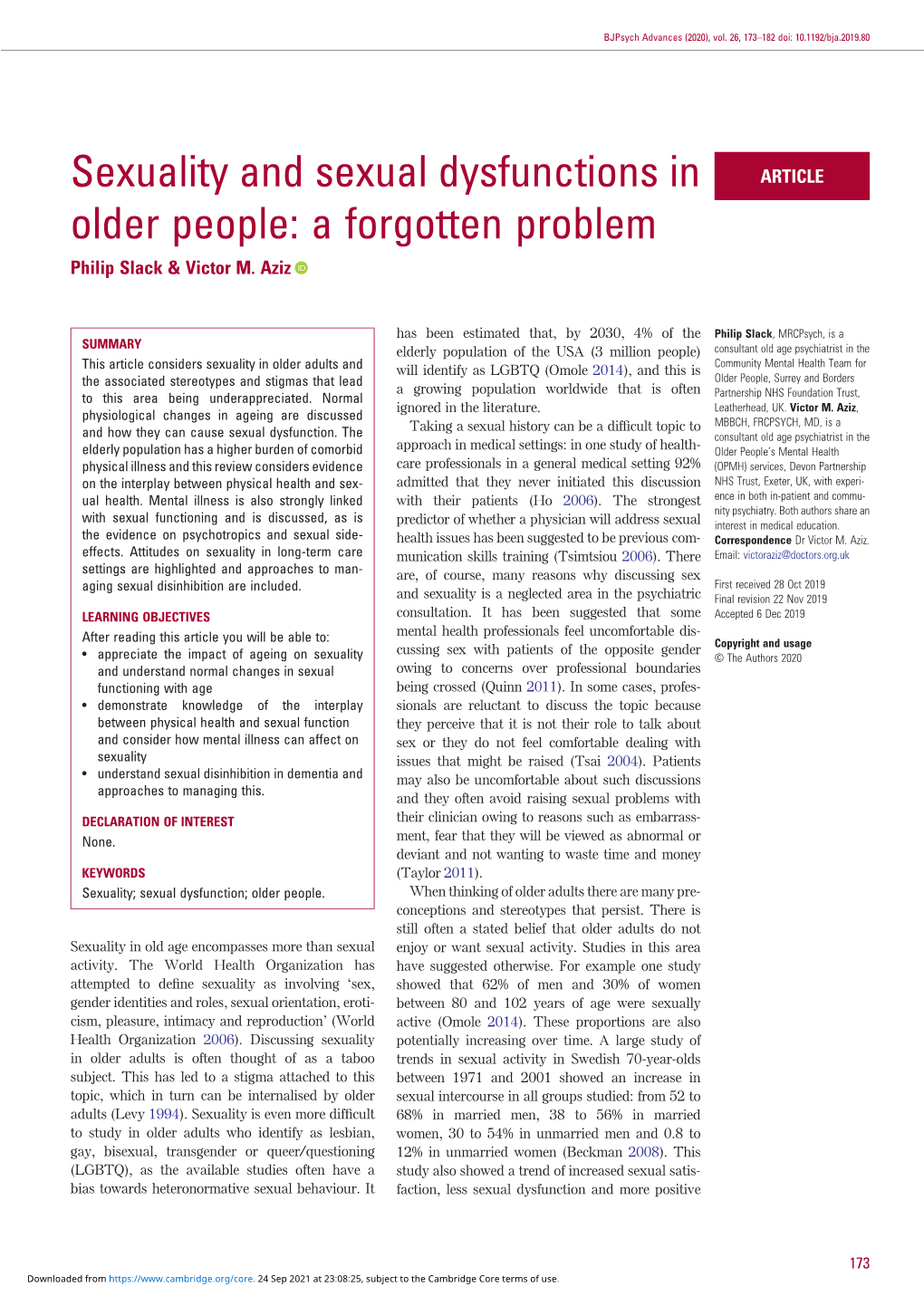 Sexuality and Sexual Dysfunctions in Older People: a Forgotten Problem