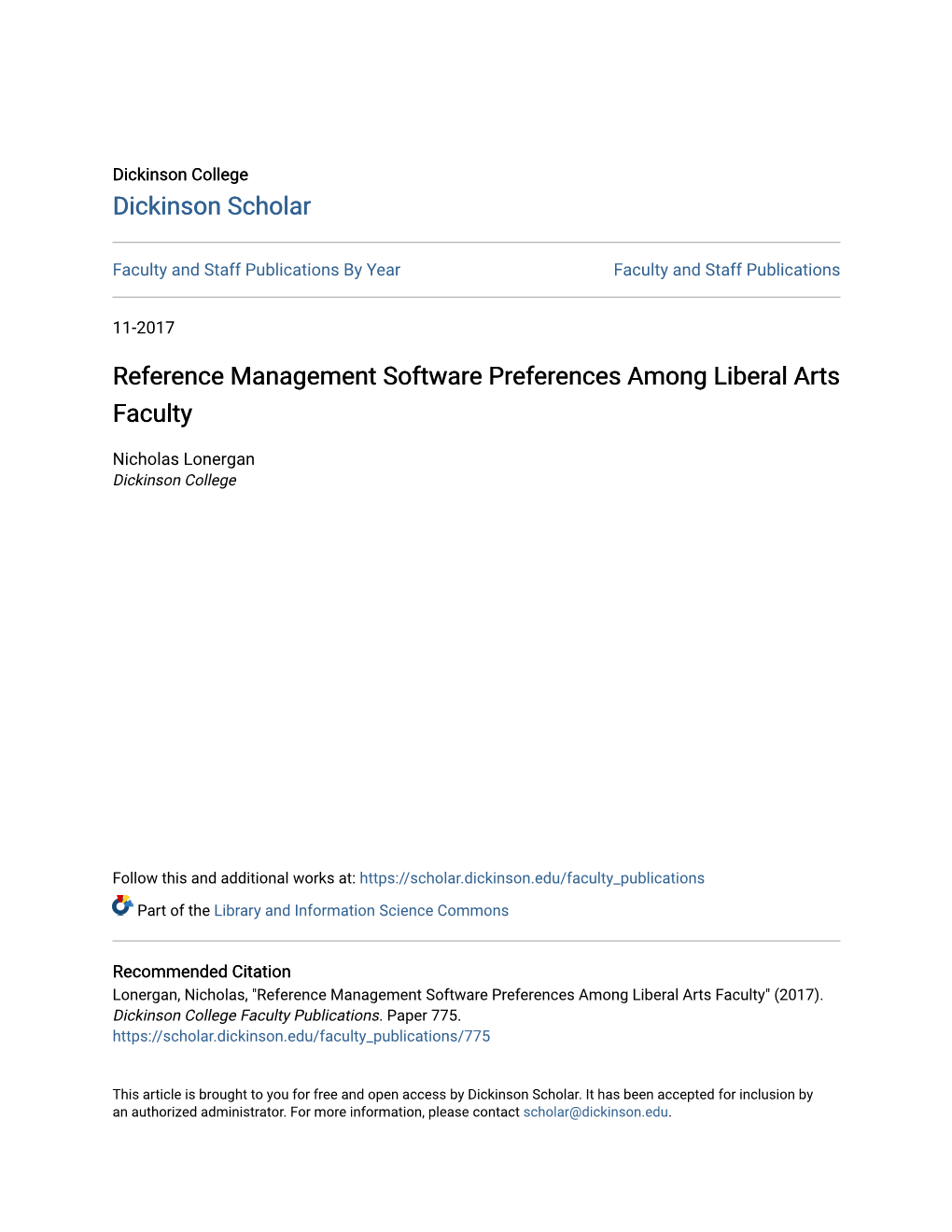 Reference Management Software Preferences Among Liberal Arts Faculty