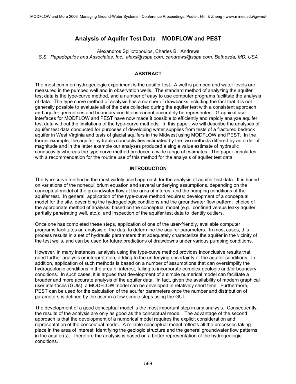 Analysis of Aquifer Test Data – MODFLOW and PEST